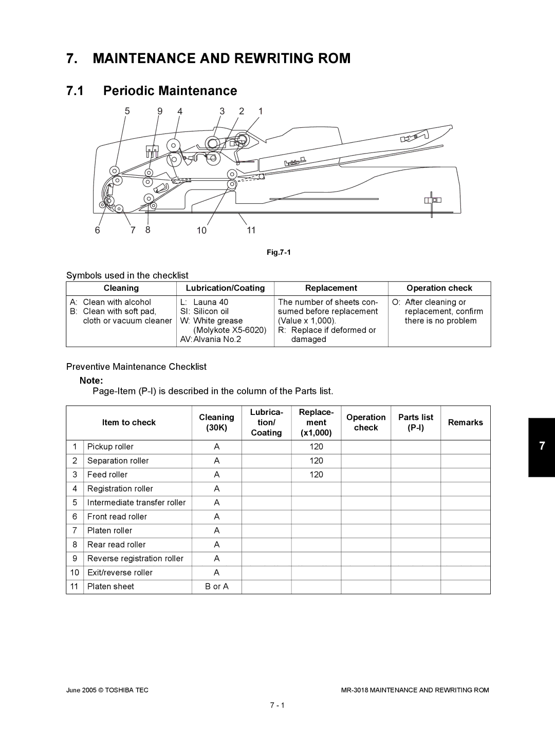 Toshiba MR-3018 service manual Maintenance and Rewriting ROM, Periodic Maintenance 