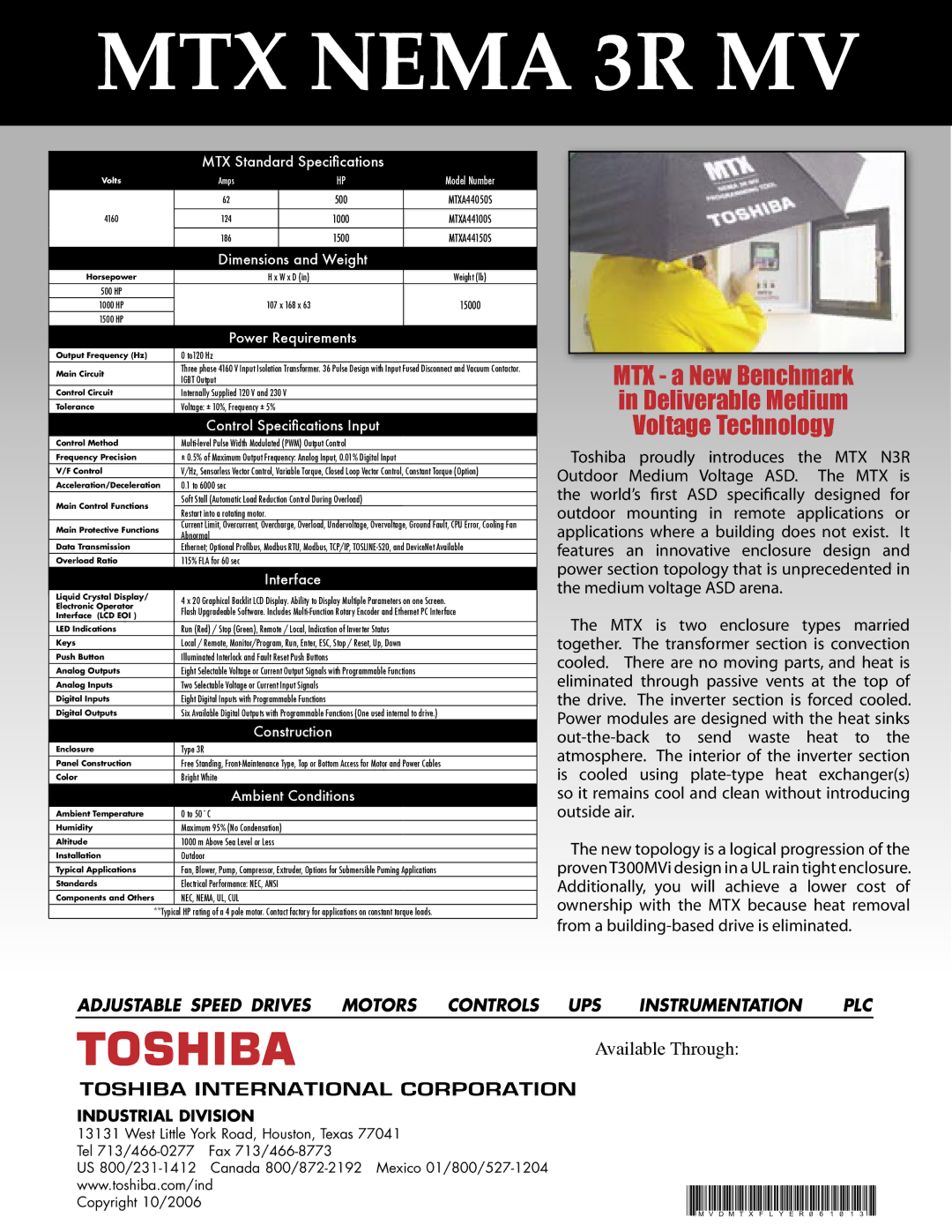 Toshiba MTX NEMA 3R MV MTX Standard Speciﬁcations, Dimensions and Weight, Power Requirements, Control Speciﬁcations Input 