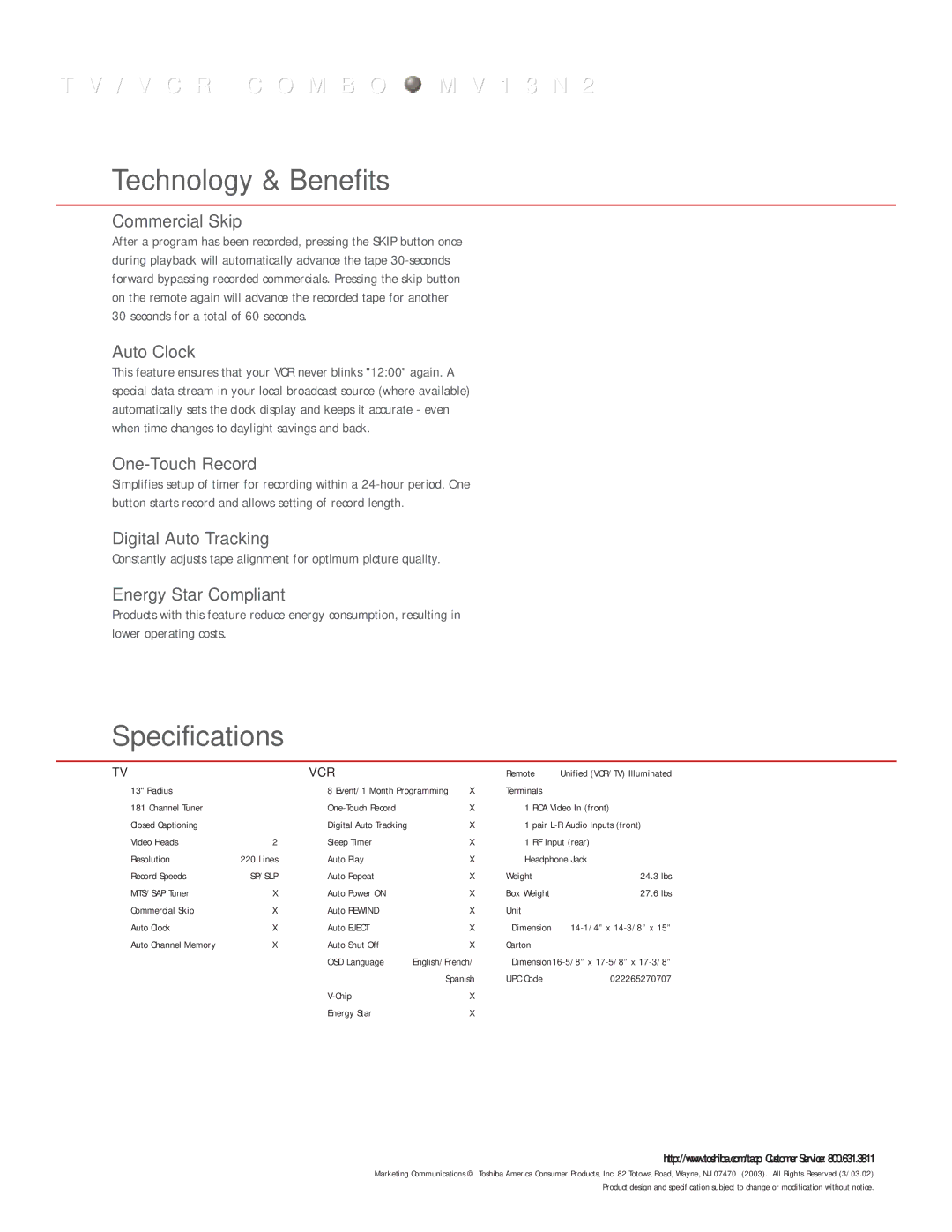 Toshiba MV 13N2 manual Technology & Benefits, Specifications 