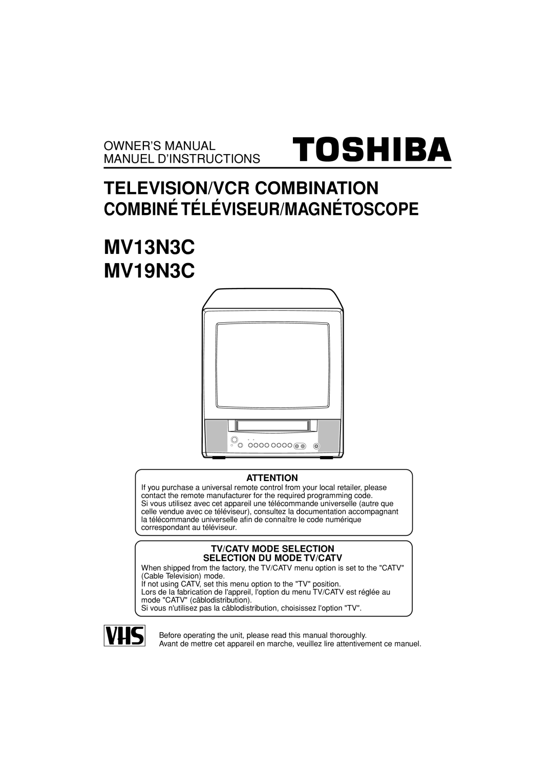 Toshiba owner manual MV13N3C MV19N3C, TV/CATV Mode Selection Selection DU Mode TV/CATV 