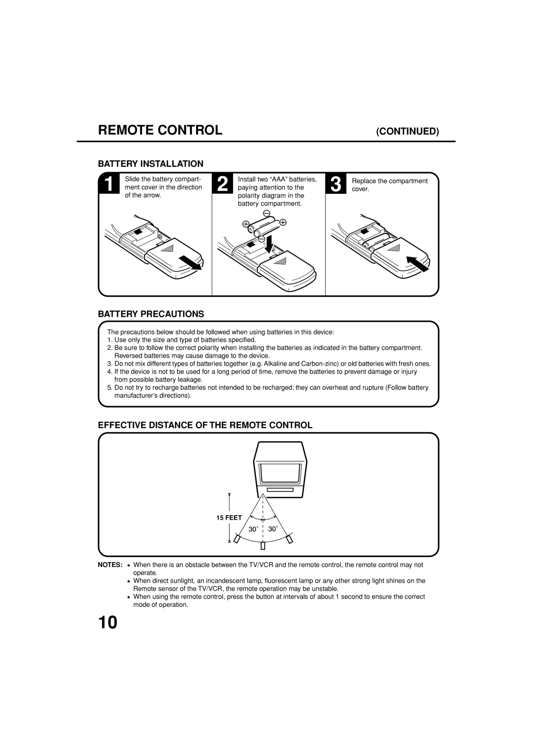 Toshiba MV13N3C, MV19N3C Battery Installation, Battery Precautions, Effective Distance of the Remote Control, Feet 