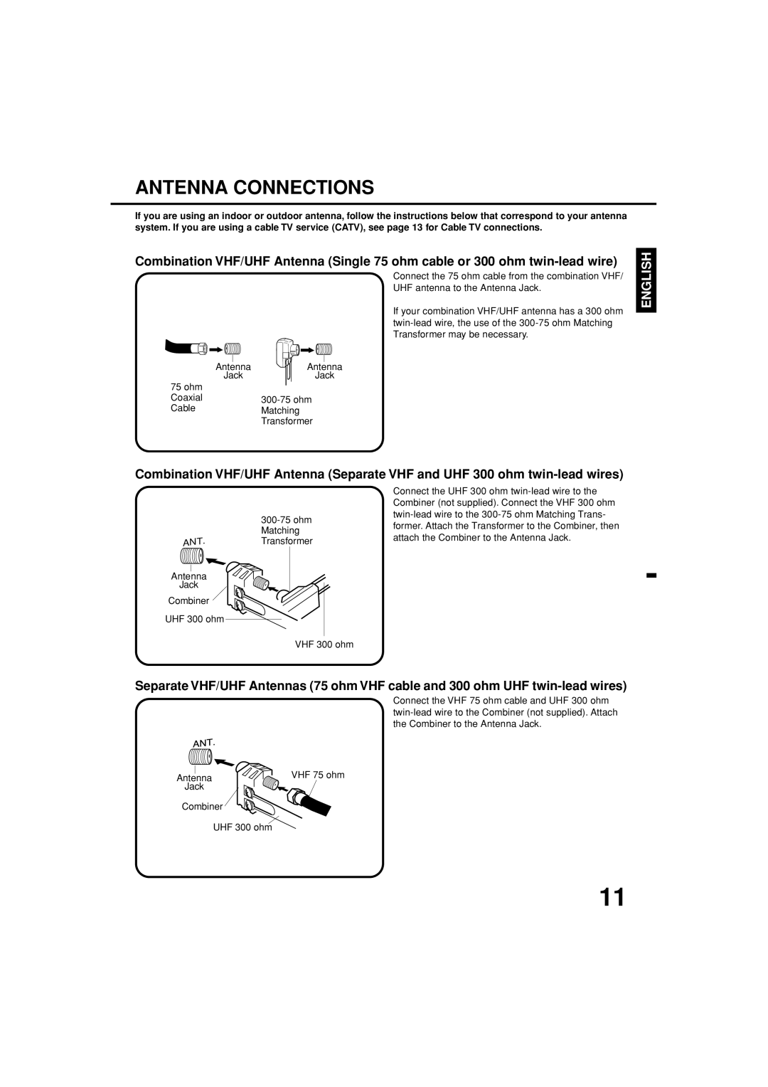 Toshiba MV19N3C, MV13N3C owner manual Antenna Connections, Antenna Jack Combiner VHF 75 ohm UHF 300 ohm 