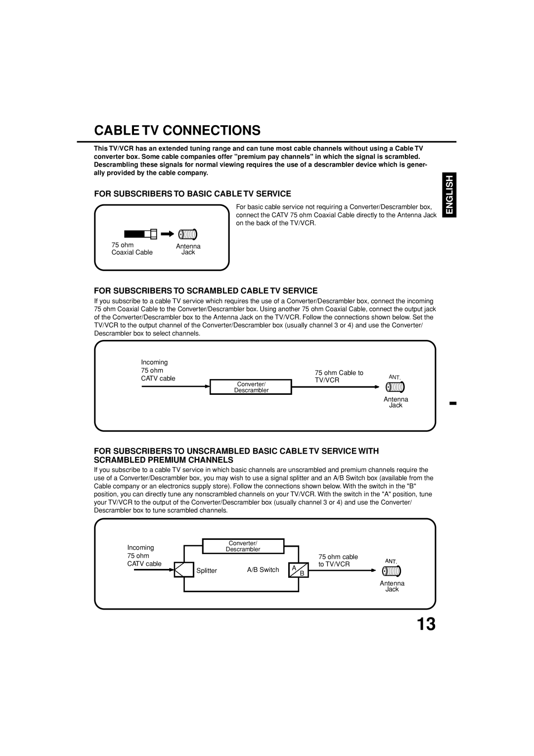 Toshiba MV19N3C, MV13N3C owner manual Cable TV Connections, For Subscribers to Basic Cable TV Service 