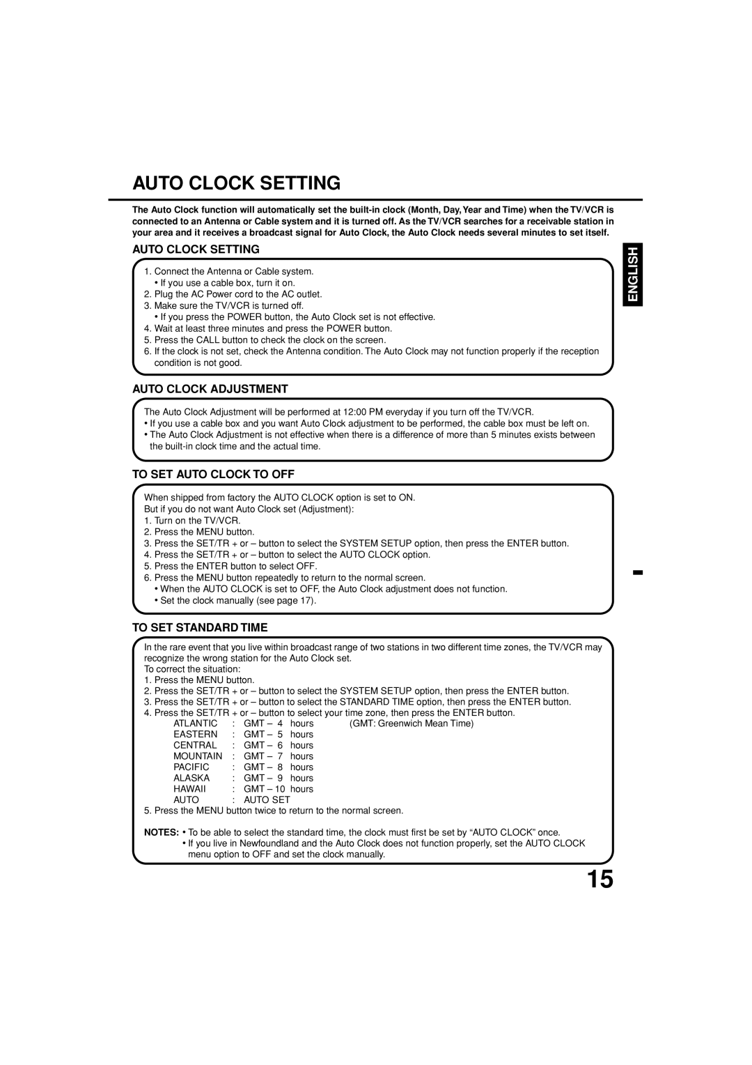 Toshiba MV19N3C, MV13N3C Auto Clock Setting, Auto Clock Adjustment, To SET Auto Clock to OFF, To SET Standard Time 