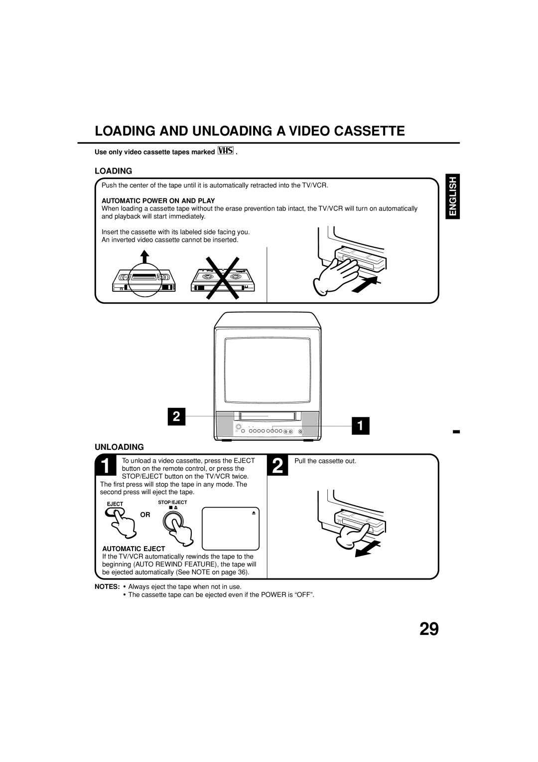 Toshiba MV19N3C, MV13N3C owner manual Loading and Unloading a Video Cassette, Automatic Power on and Play, Automatic Eject 