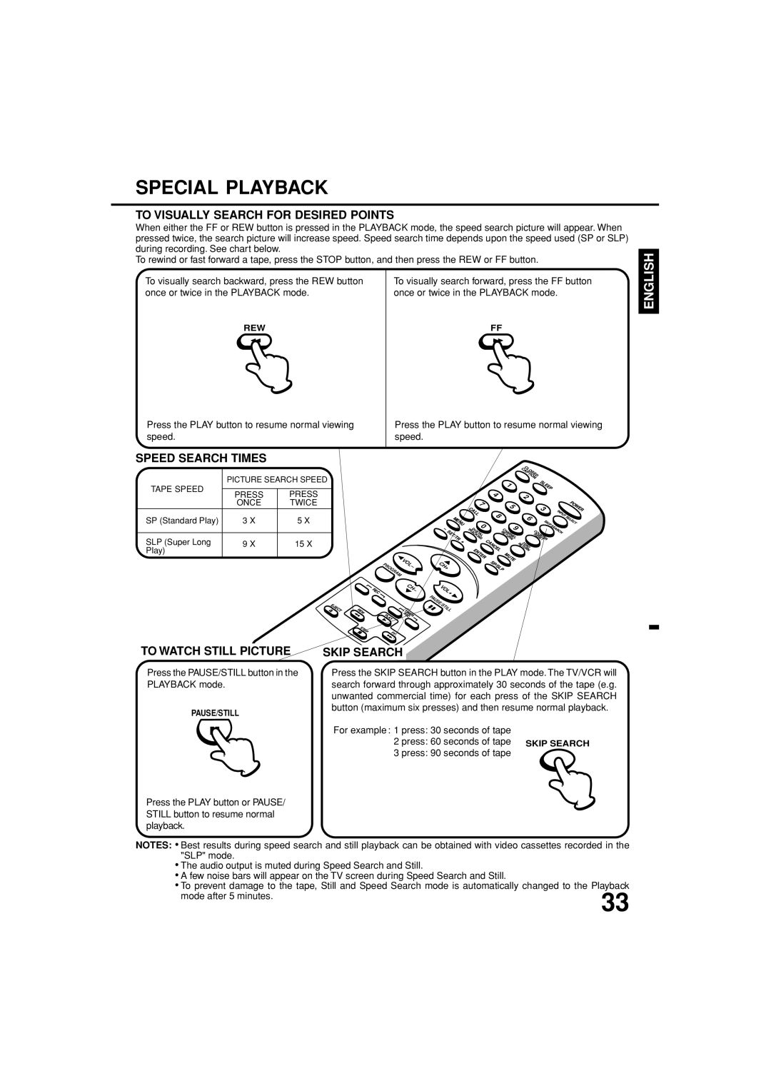 Toshiba MV19N3C Special Playback, To Visually Search for Desired Points, Speed Search Times, To Watch Still Picture 