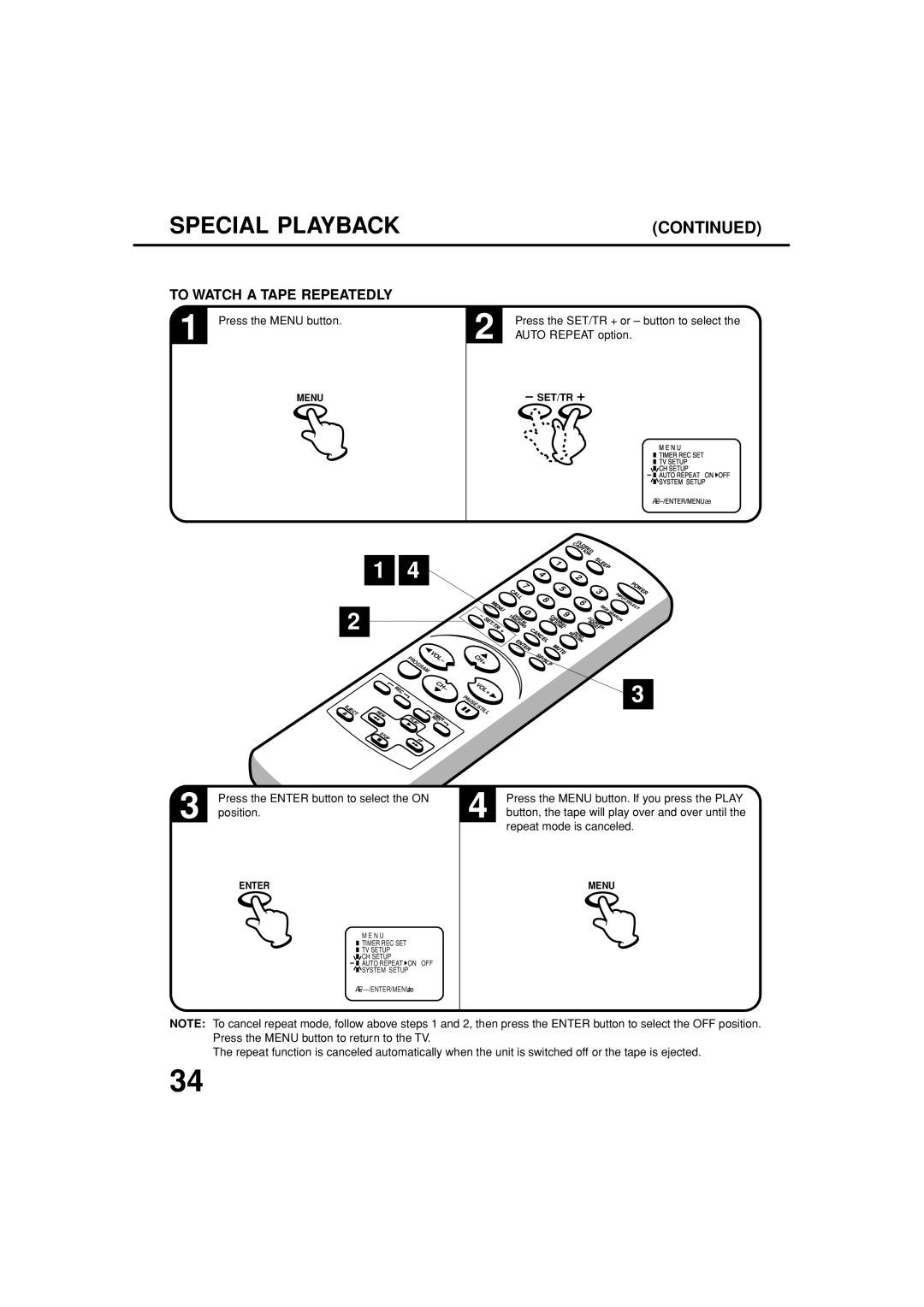 Toshiba MV13N3C, MV19N3C owner manual To Watch a Tape Repeatedly, Auto Repeat option, Position, Repeat mode is canceled 