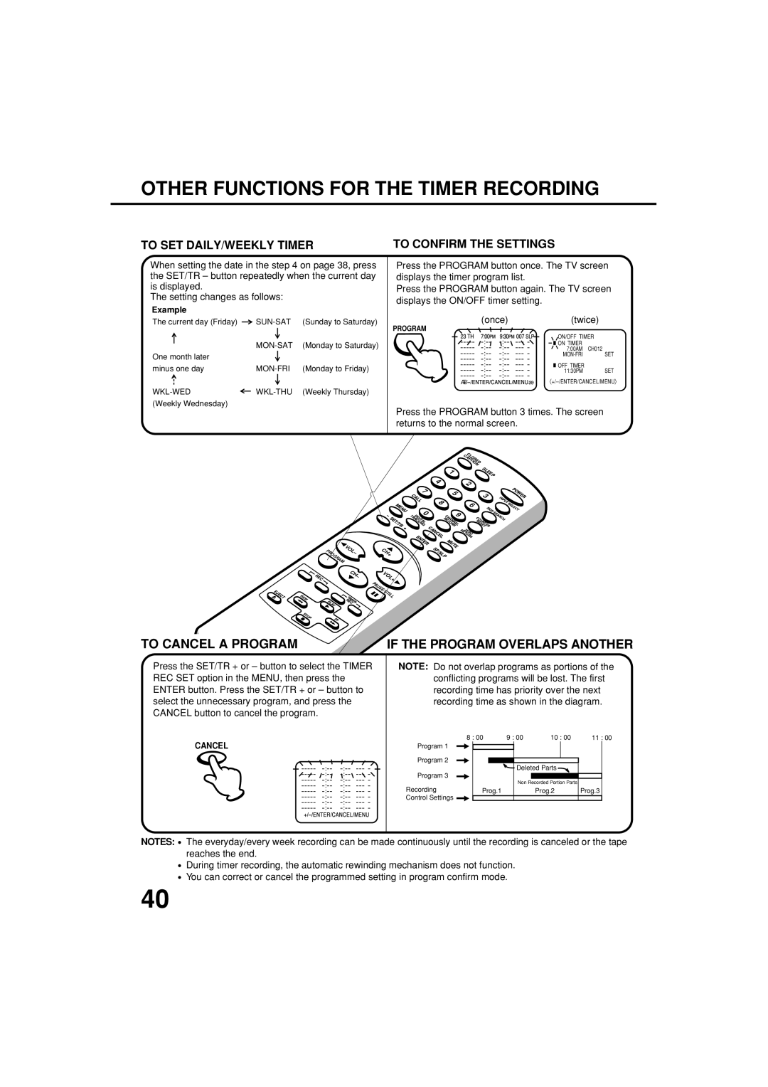 Toshiba MV13N3C, MV19N3C Other Functions for the Timer Recording, To Cancel a Program, If the Program Overlaps Another 