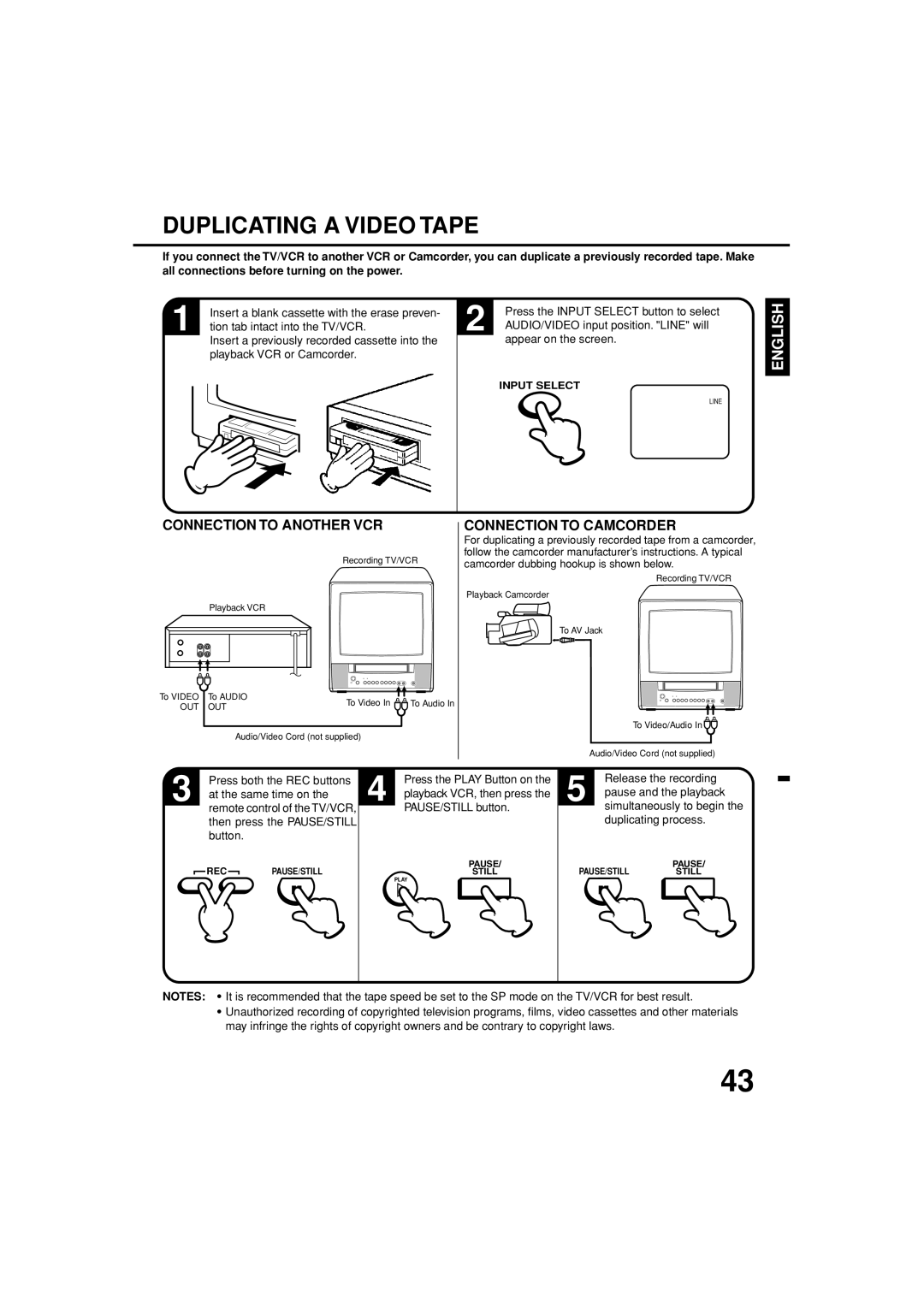 Toshiba MV19N3C, MV13N3C owner manual Duplicating a Video Tape, Connection to Another VCR, Connection to Camcorder 