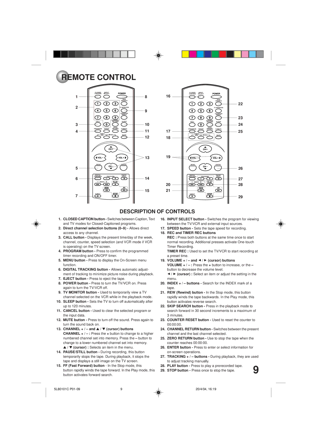 Toshiba MV13P2 Remote Control, Cursor Selects an item in the menu, Speed button Sets the tape speed for recording 