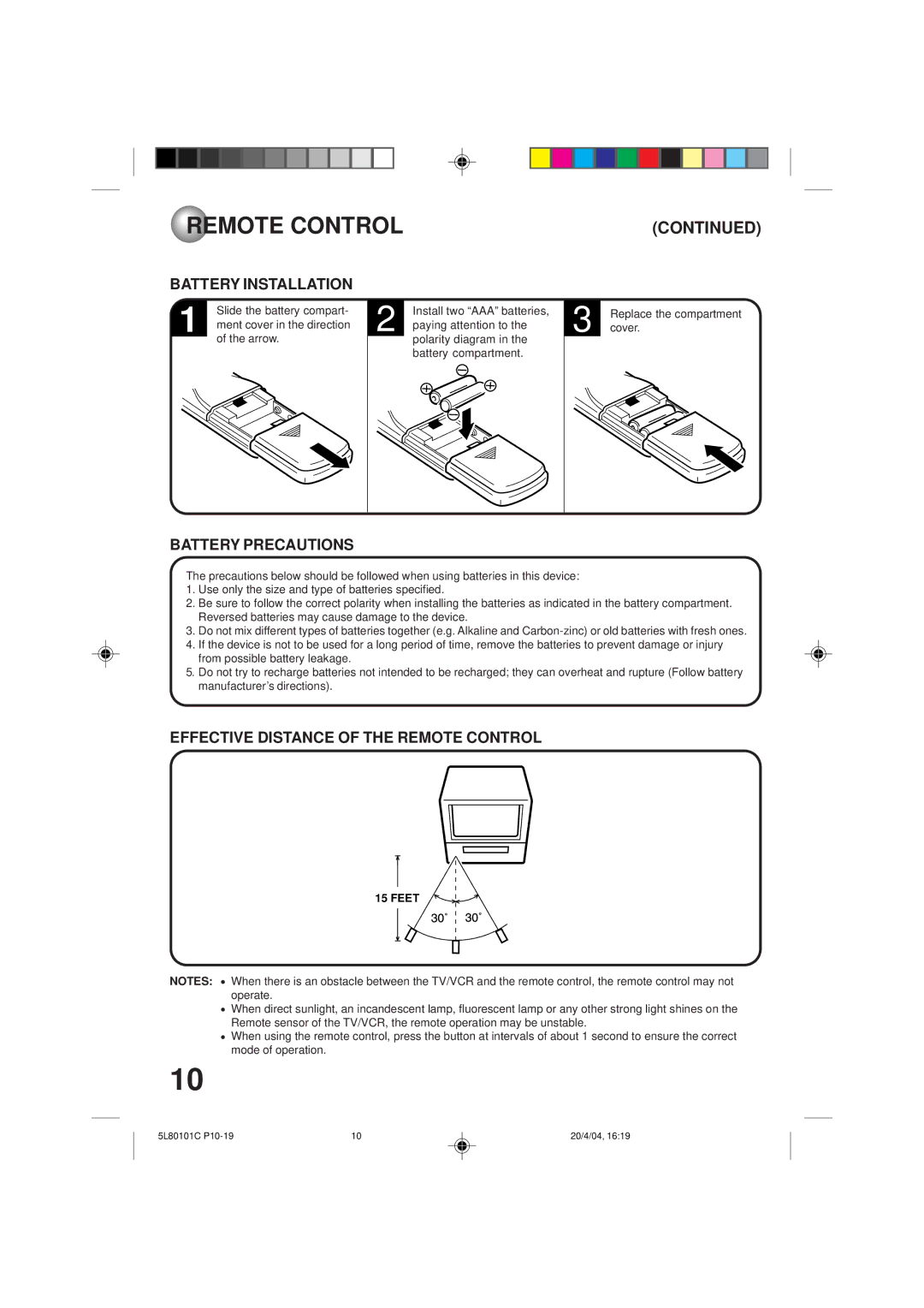 Toshiba MV13P2 owner manual Battery Installation, Battery Precautions, Effective Distance of the Remote Control, Feet 