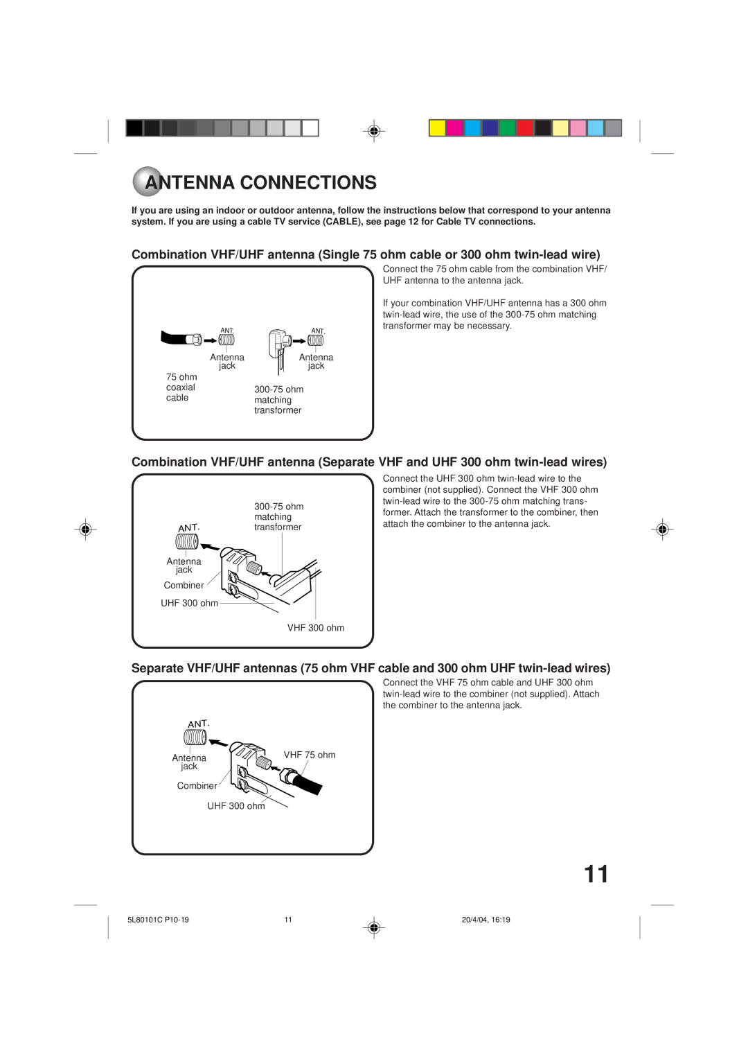 Toshiba MV13P2 Antenna Connections, Ohm matching transformer, Antenna Jack Combiner UHF 300 ohm VHF 300 ohm 