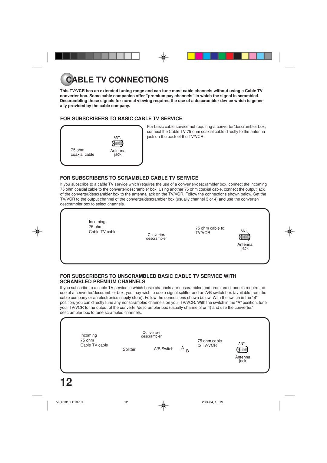 Toshiba MV13P2 owner manual Cable TV Connections, For Subscribers to Basic Cable TV Service 