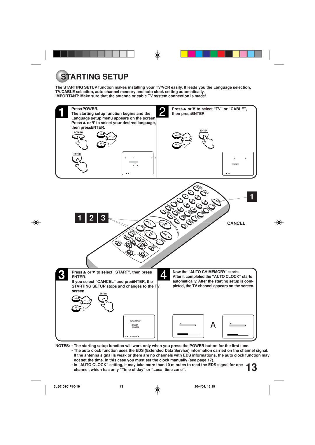 Toshiba MV13P2 owner manual Starting Setup, Enter 