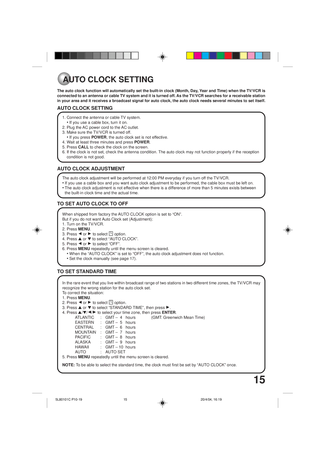 Toshiba MV13P2 owner manual Auto Clock Setting, Auto Clock Adjustment, To SET Auto Clock to OFF, To SET Standard Time 