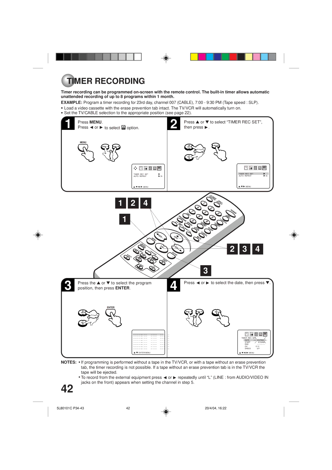 Toshiba MV13P2 owner manual Timer Recording, Position, then press Enter, Press or to select Timer REC SET 