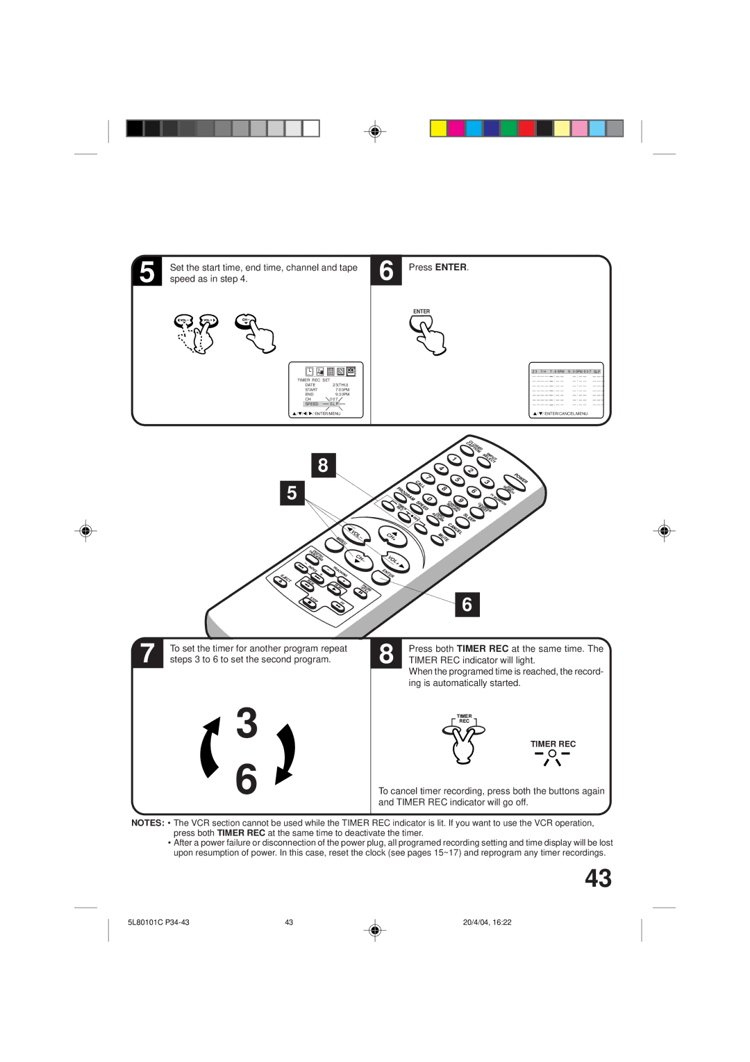 Toshiba MV13P2 Speed as in step, Press Enter, Steps 3 to 6 to set the second program, Timer REC indicator will light 