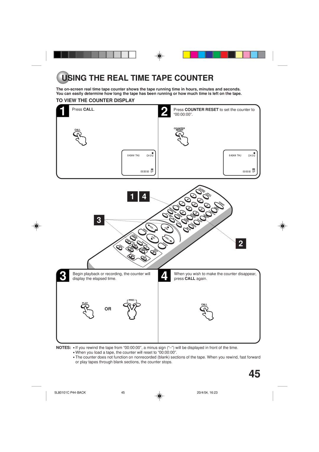 Toshiba MV13P2 owner manual Using the Real Time Tape Counter, To View the Counter Display, Display the elapsed time 