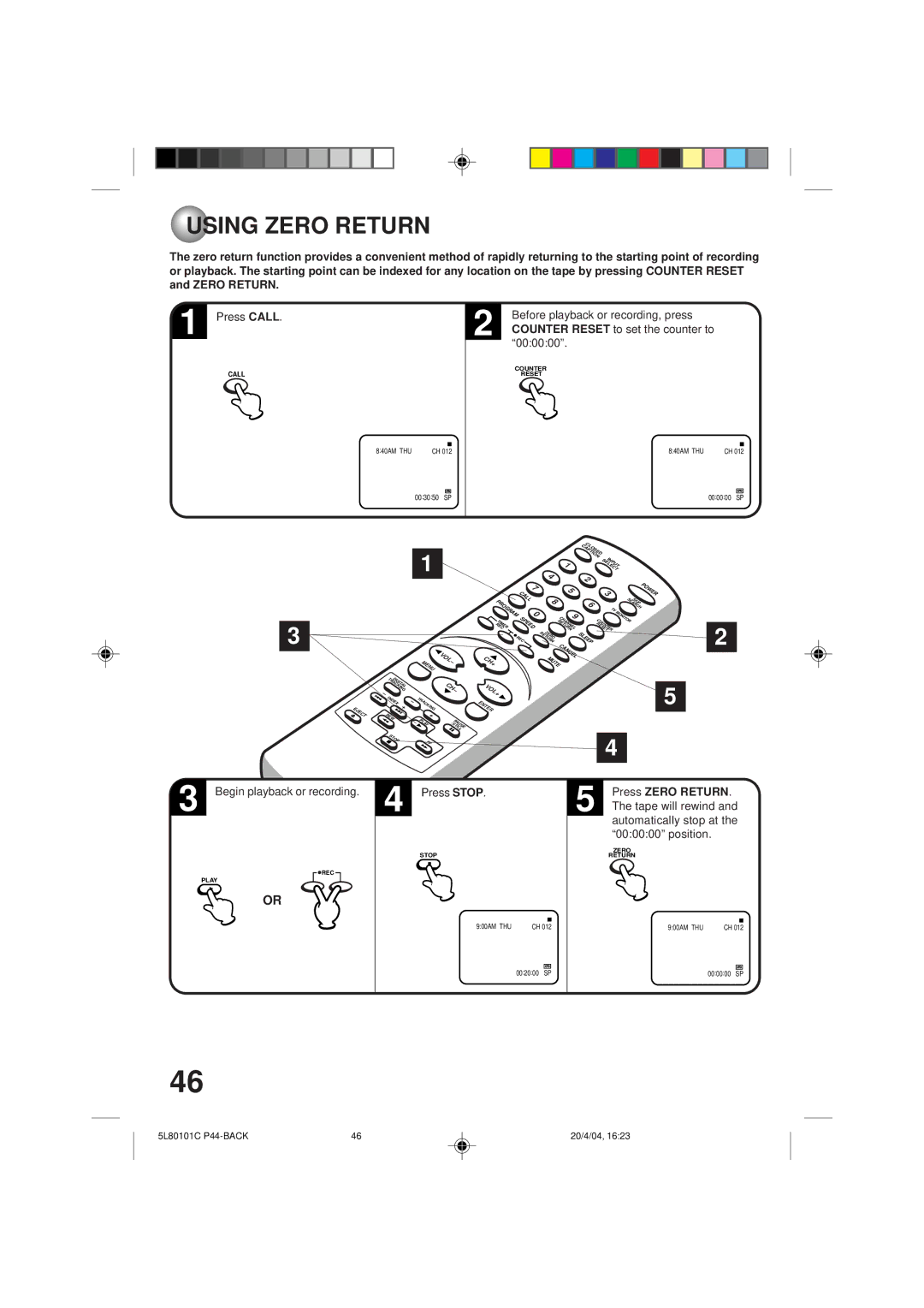 Toshiba MV13P2 owner manual Using Zero Return, Before playback or recording, press, 000000, Press Zero Return 