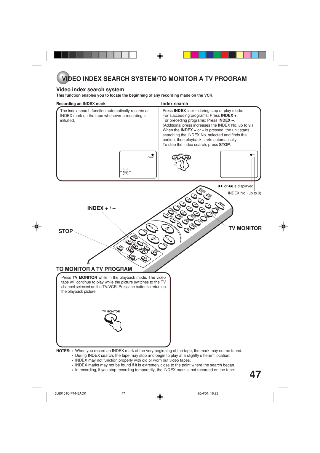 Toshiba MV13P2 owner manual TV Monitor, To Monitor a TV Program, Index search 