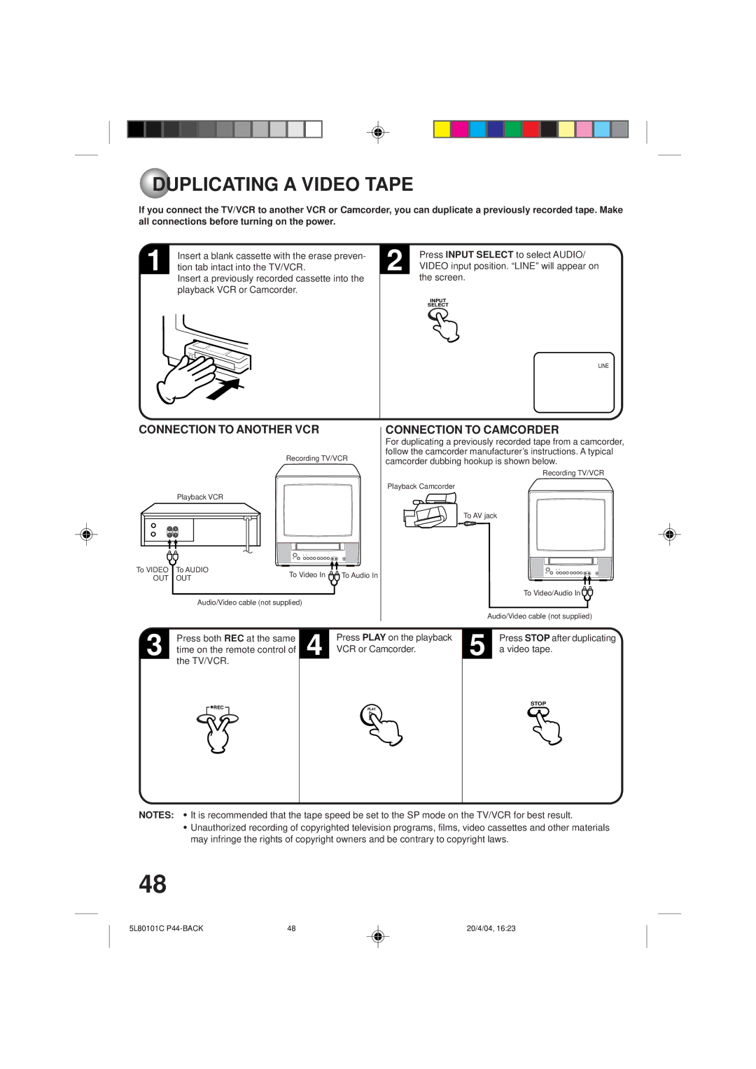 Toshiba MV13P2 owner manual Duplicating a Video Tape, Connection to Another VCR, Connection to Camcorder 