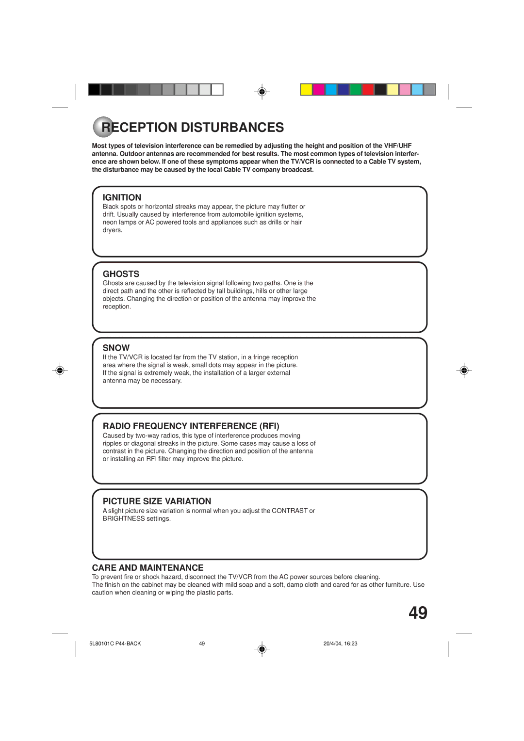 Toshiba MV13P2 owner manual Reception Disturbances 