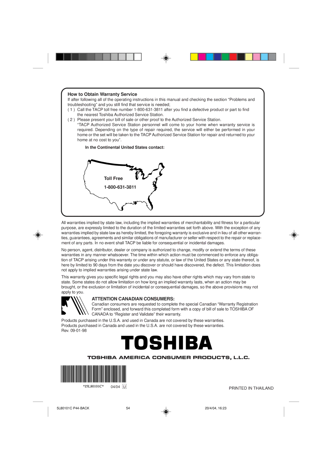 Toshiba MV13P2 owner manual How to Obtain Warranty Service, Toll Free, Continental United States contact, 04/04 U 