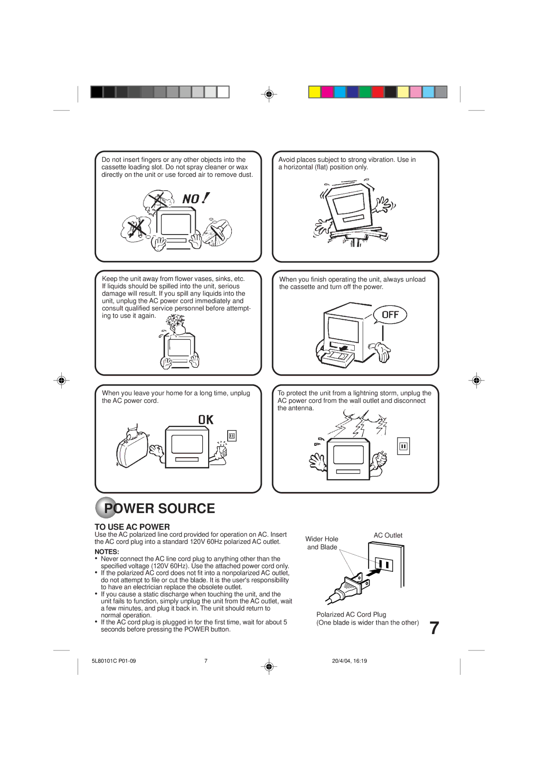 Toshiba MV13P2 owner manual Power Source, To USE AC Power, Wider Hole and Blade AC Outlet 