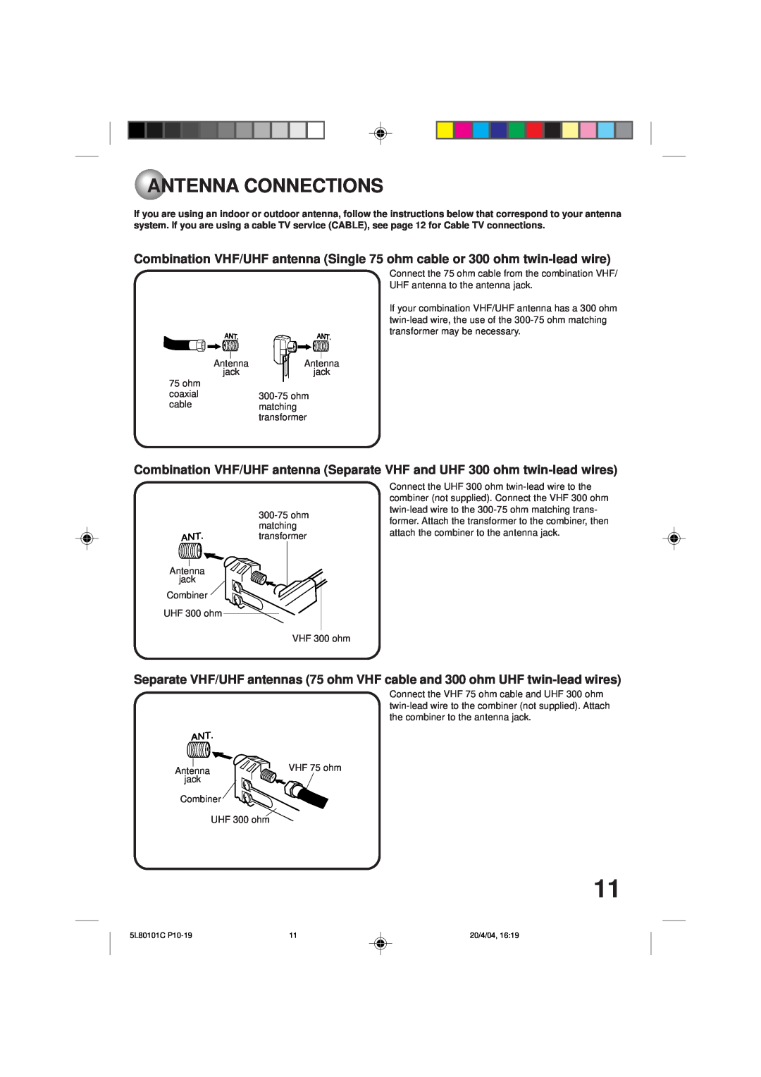 Toshiba MV13P2 owner manual Antenna Connections 