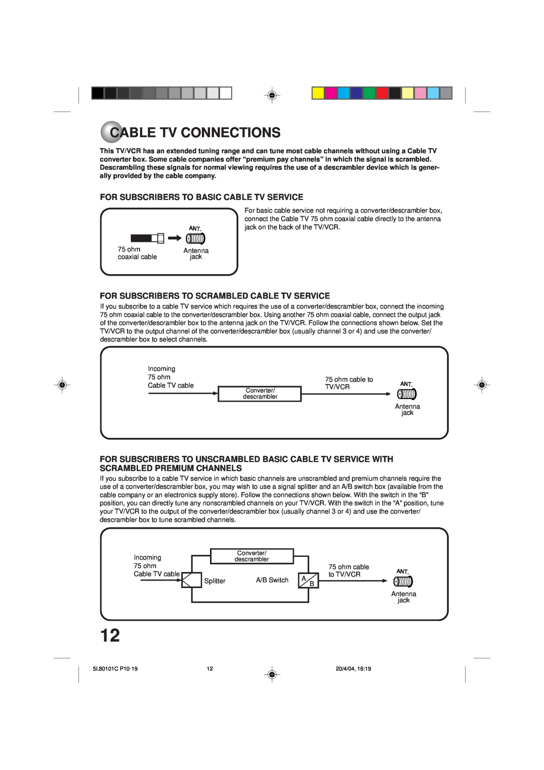 Toshiba MV13P2 owner manual Cable Tv Connections, For Subscribers To Basic Cable Tv Service 