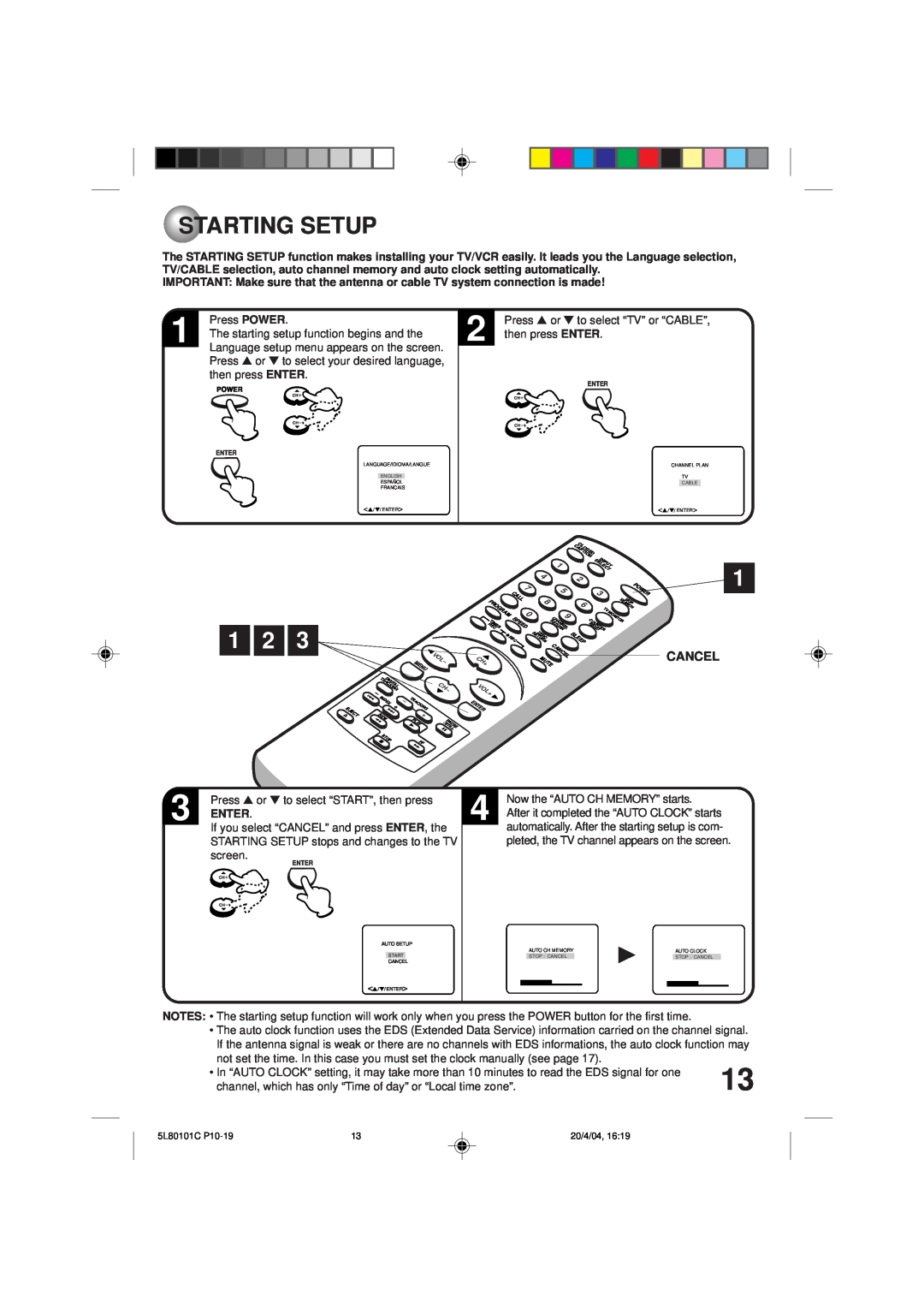 Toshiba MV13P2 owner manual Starting Setup, 1 2, Cancel, Enter 