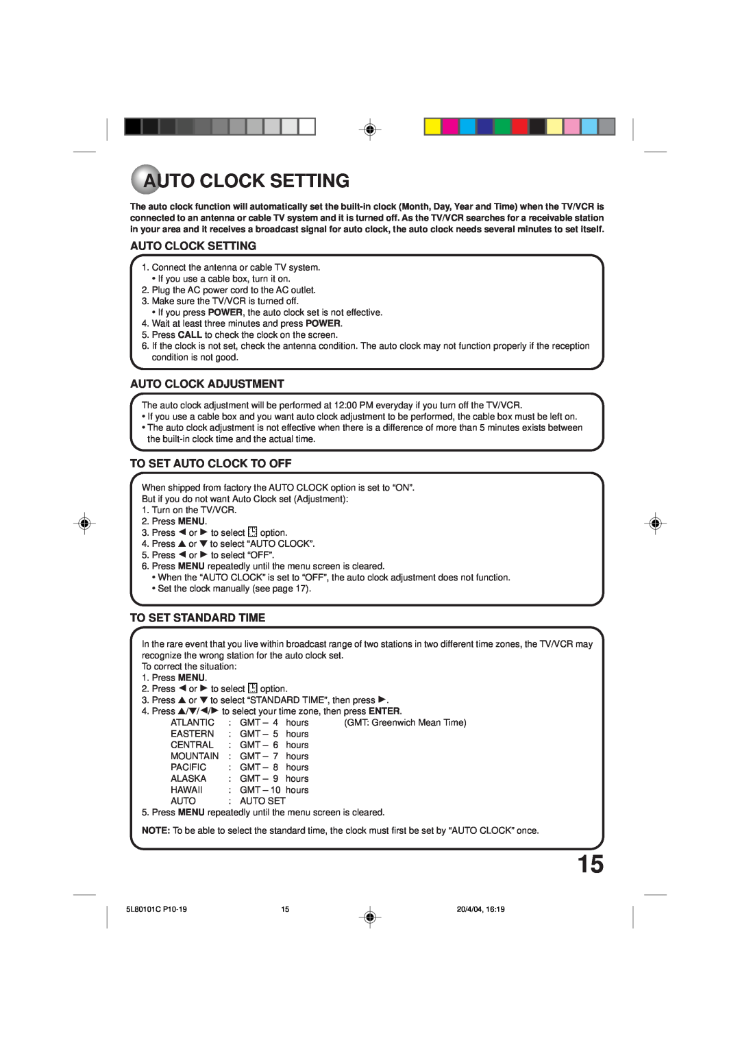 Toshiba MV13P2 owner manual Auto Clock Setting, Auto Clock Adjustment, To Set Auto Clock To Off, To Set Standard Time 