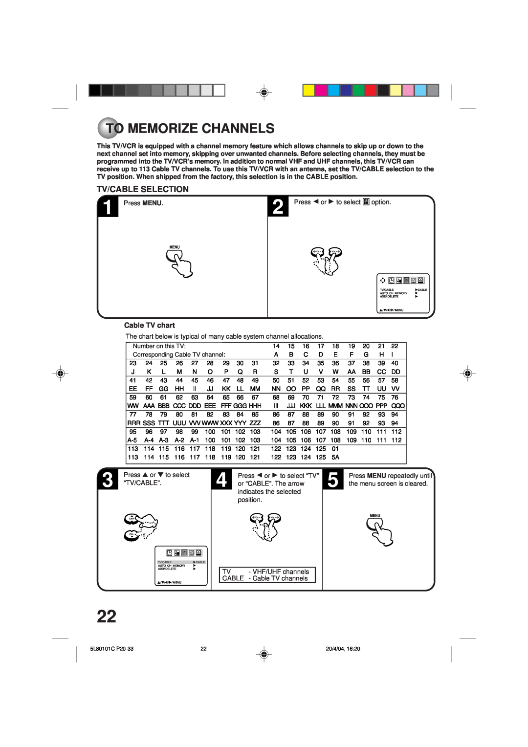 Toshiba MV13P2 owner manual To Memorize Channels, Tv/Cable Selection, Cable TV chart 