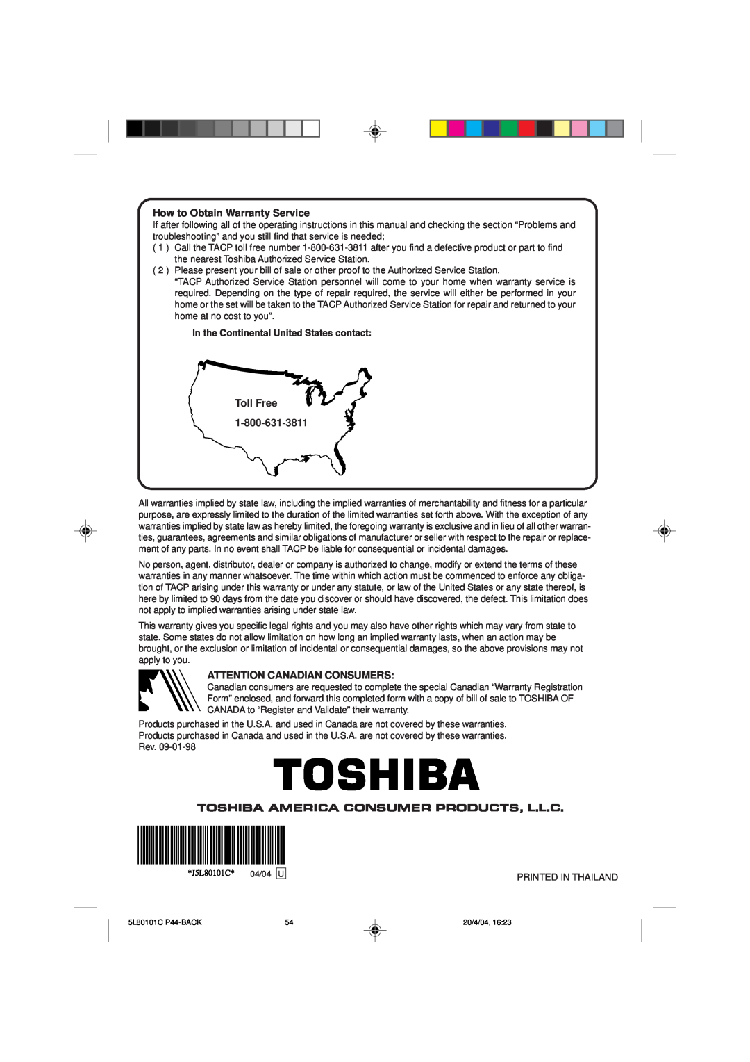 Toshiba MV13P2 owner manual How to Obtain Warranty Service, Toll Free, Attention Canadian Consumers 