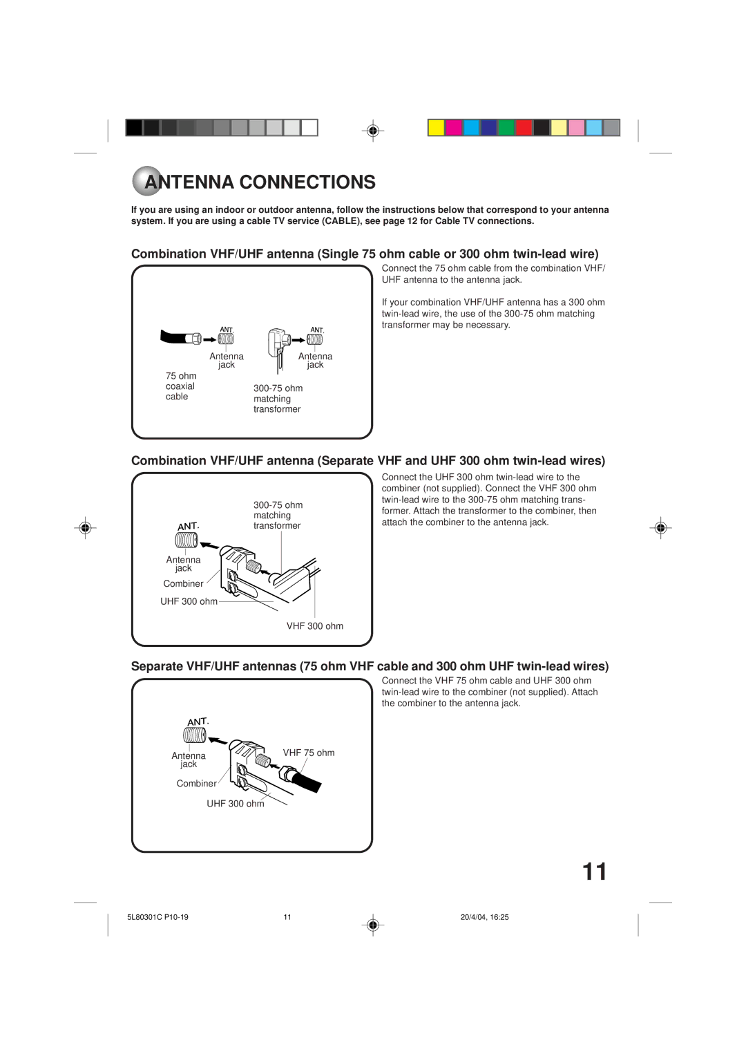 Toshiba MV13P3 Antenna Connections, Ohm matching transformer, Antenna Jack Combiner UHF 300 ohm VHF 300 ohm 