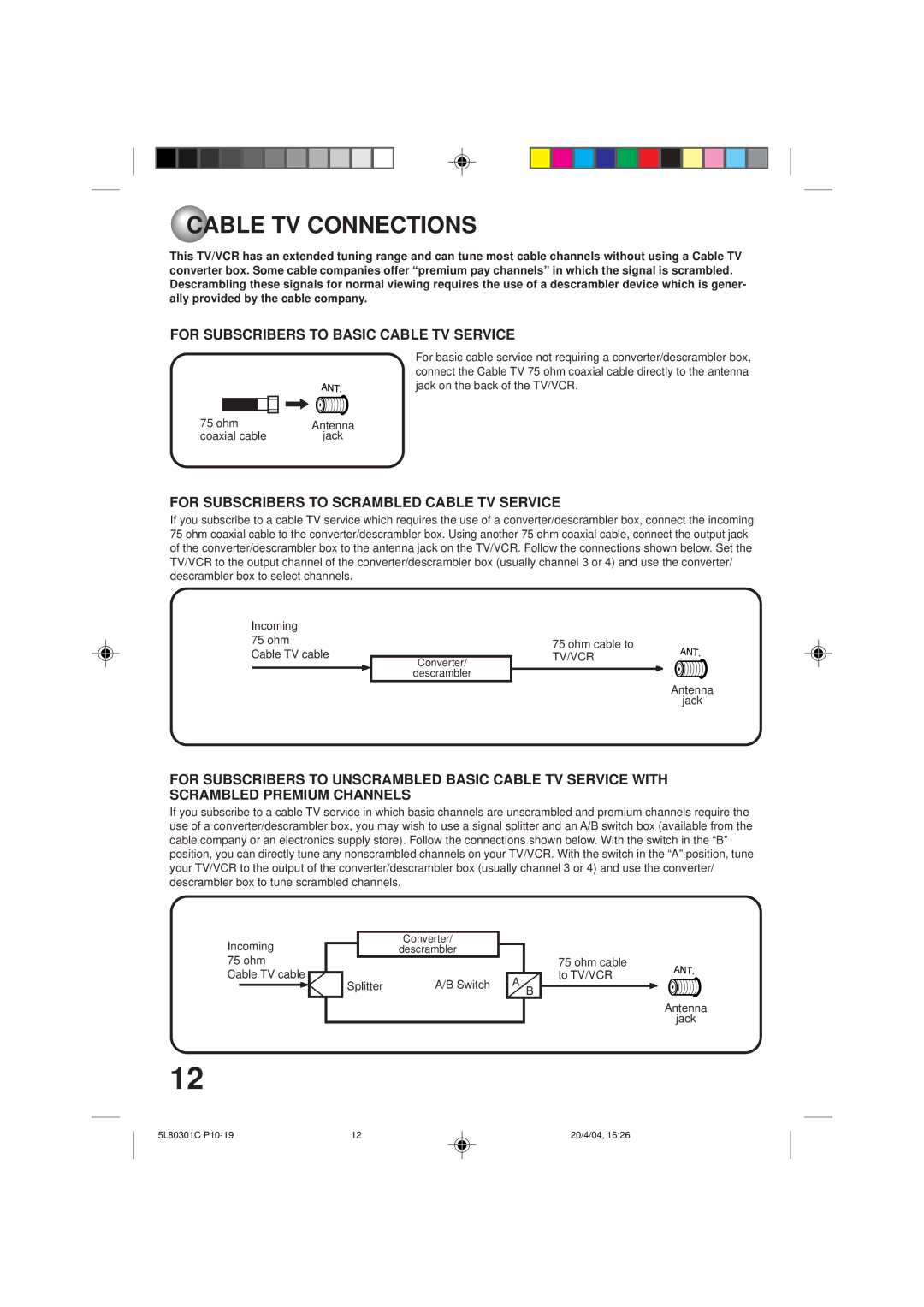 Toshiba MV13P3 owner manual Cable TV Connections, For Subscribers to Basic Cable TV Service 