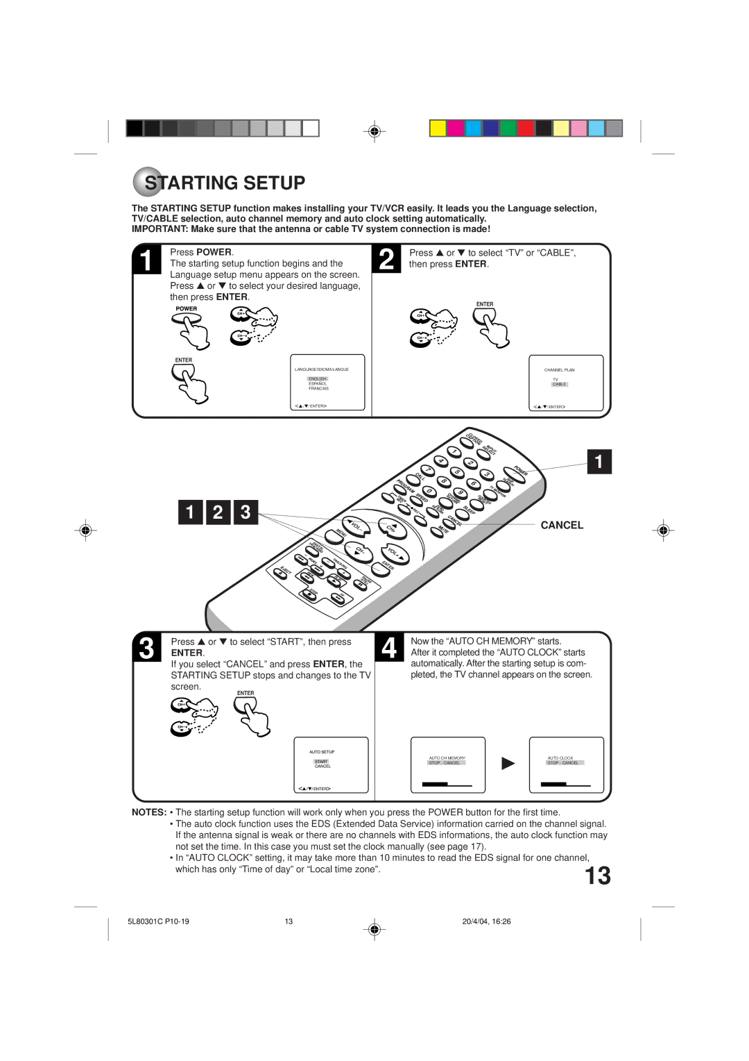 Toshiba MV13P3 owner manual Starting Setup, Enter 