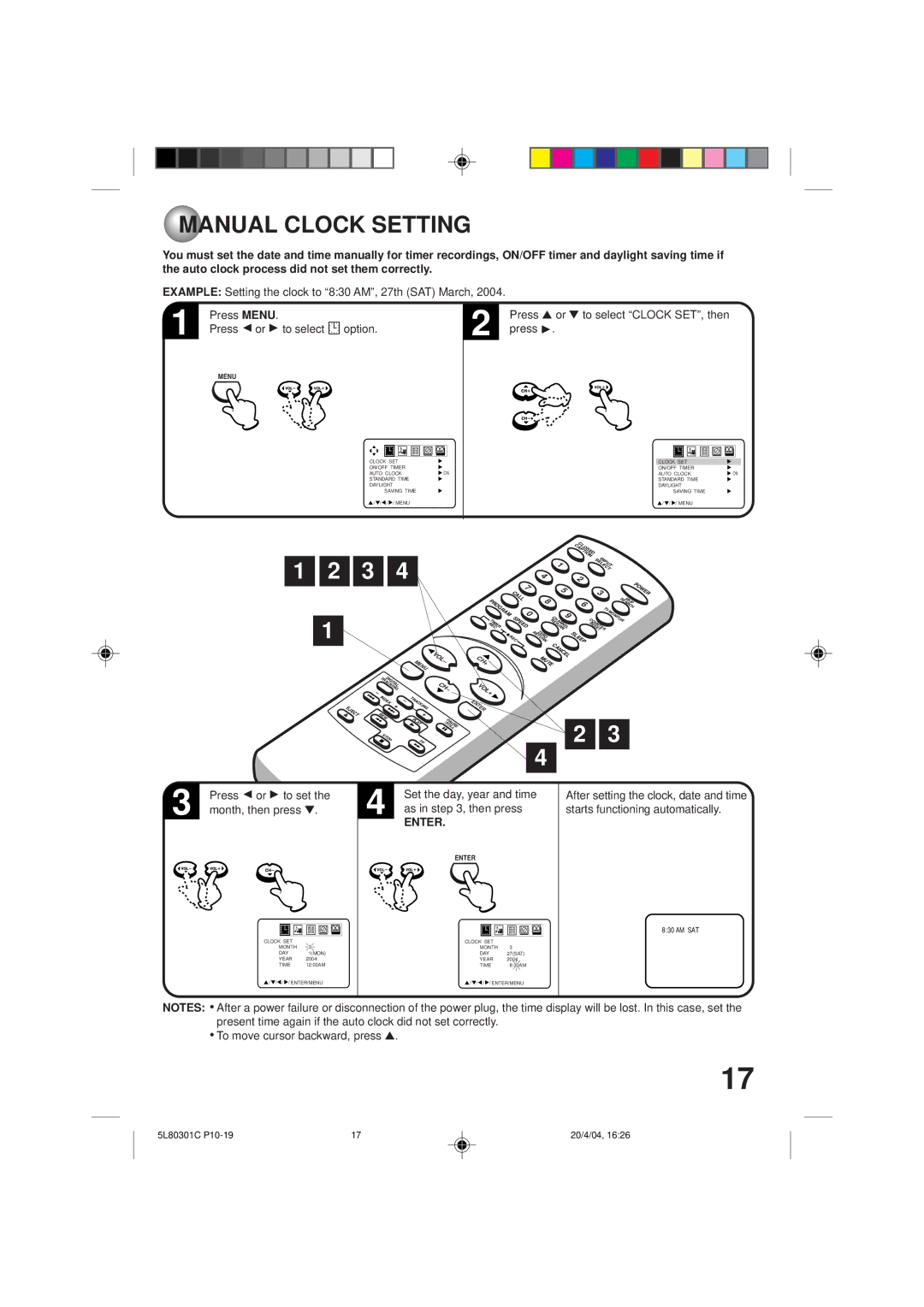 Toshiba MV13P3 owner manual Manual Clock Setting, Press Bor Ato set, Month, then press, As in , then press 