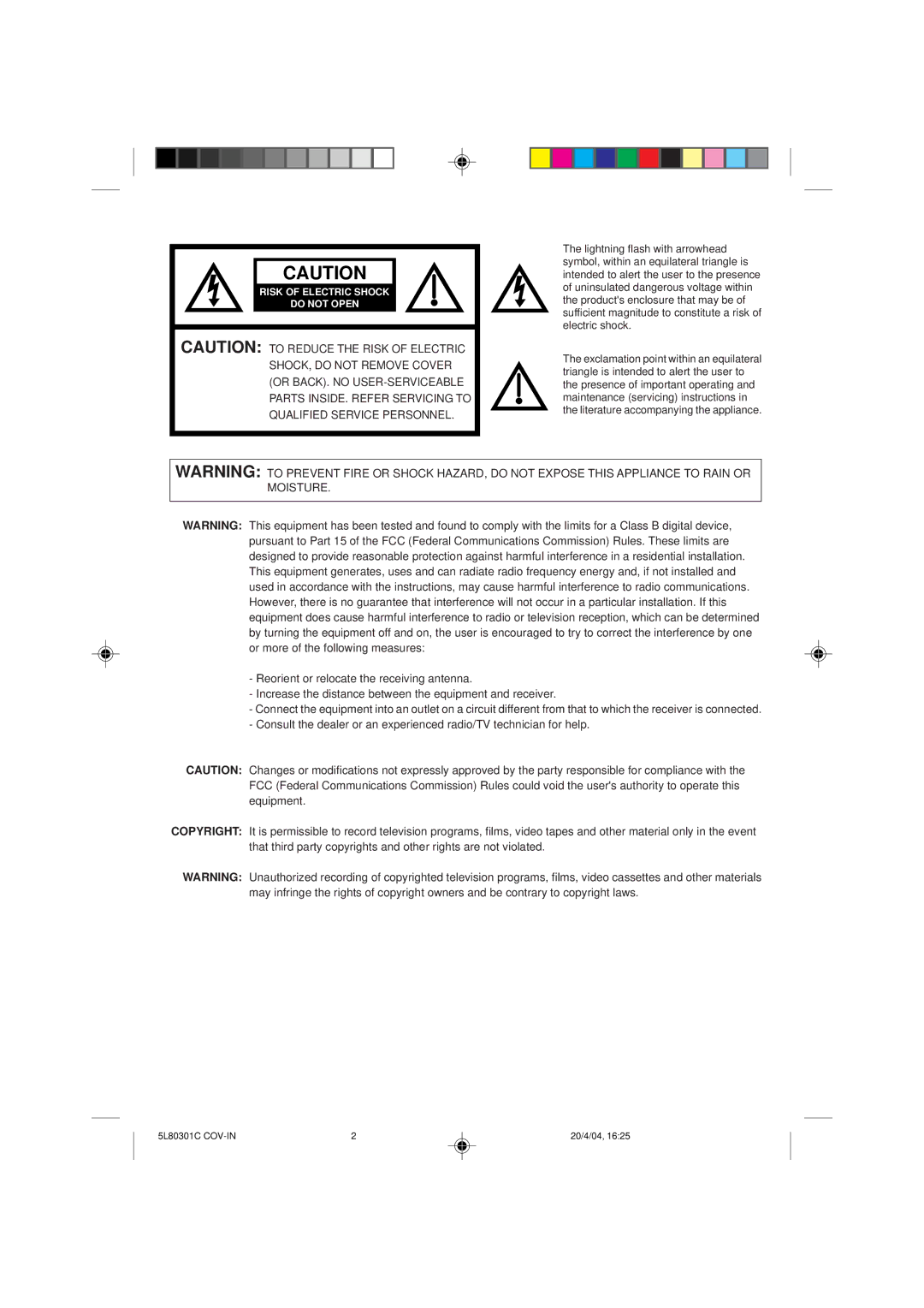 Toshiba MV13P3 owner manual Risk of Electric Shock Do not Open 