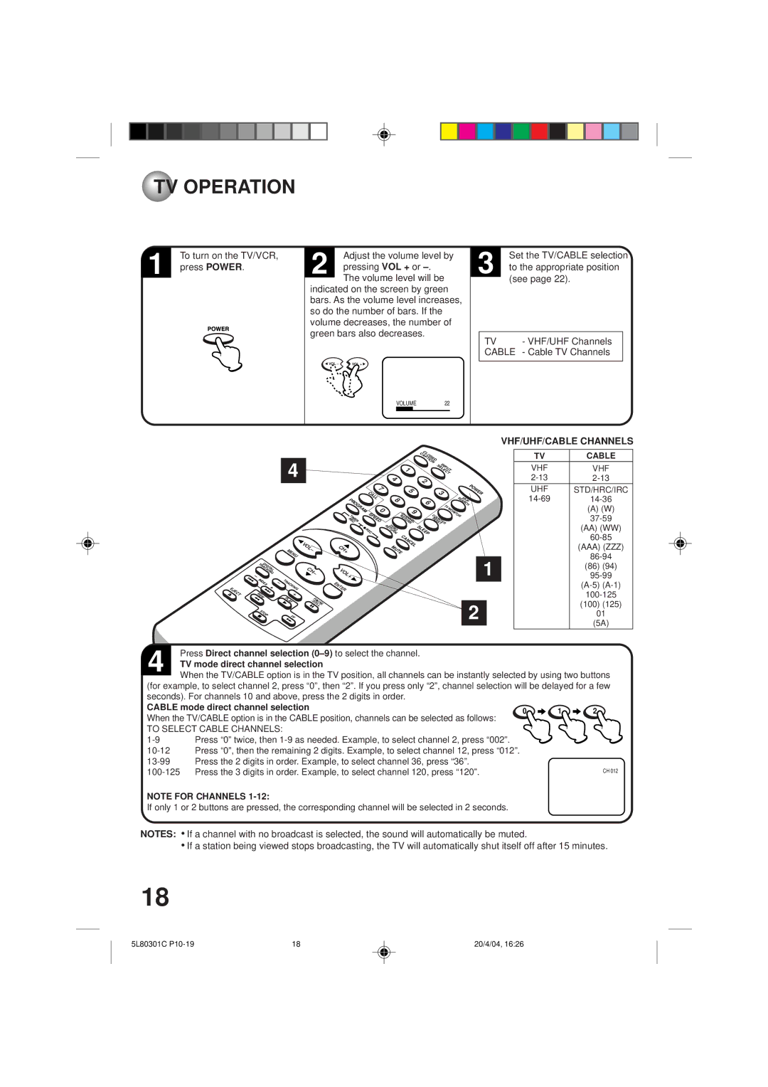 Toshiba MV13P3 TV Operation, Press Power, Adjust the volume level by, Cable TV Channels, VHF/UHF/CABLE Channels 