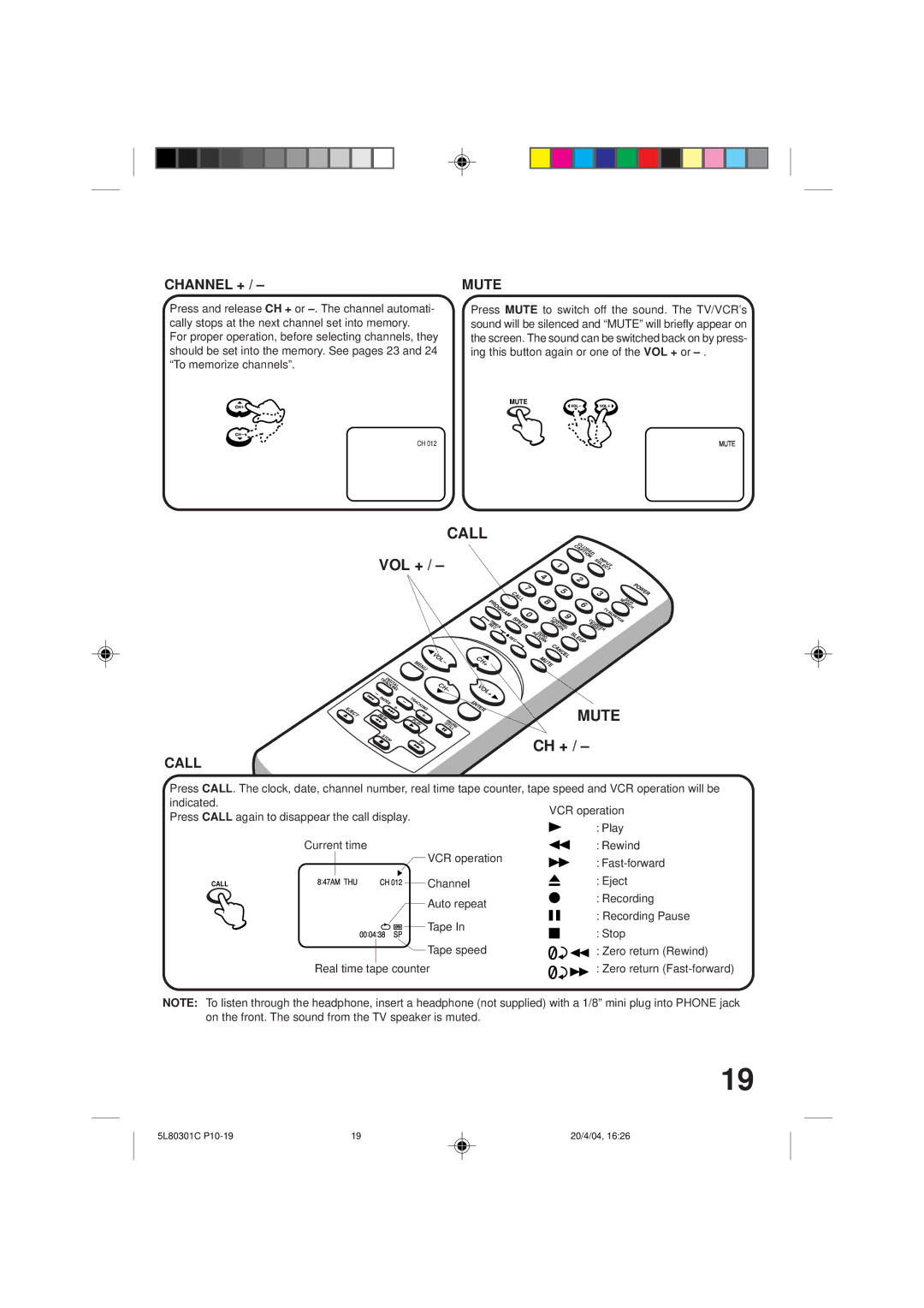 Toshiba MV13P3 owner manual Call, Mute, Channel + 