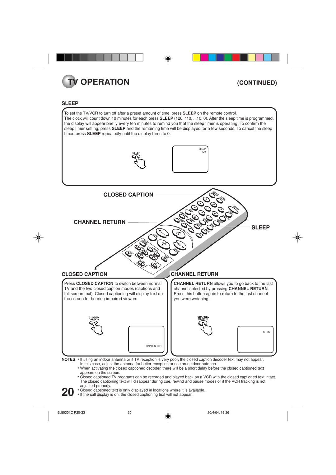 Toshiba MV13P3 owner manual Closed Caption Channel Return, Sleep 