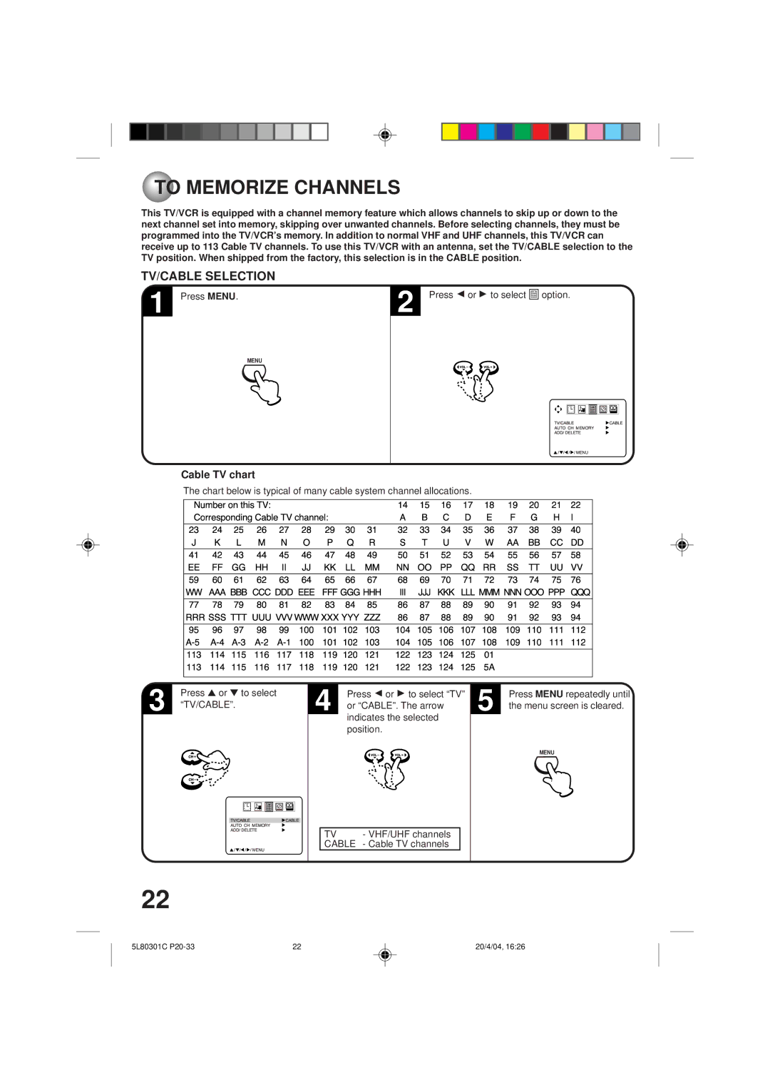 Toshiba MV13P3 owner manual To Memorize Channels, TV/CABLE Selection, Cable TV chart 