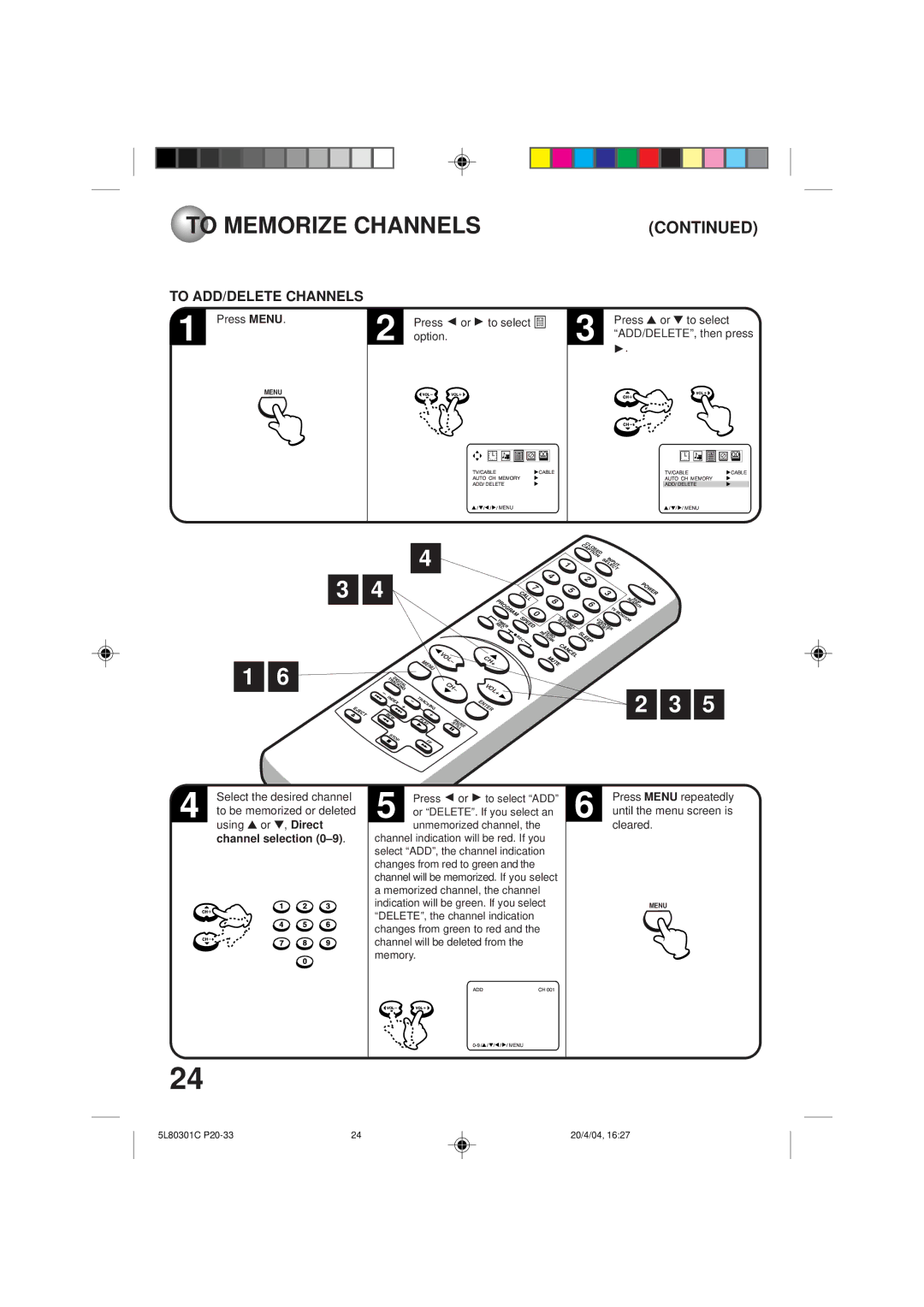 Toshiba MV13P3 owner manual To ADD/DELETE Channels, Channel selection 