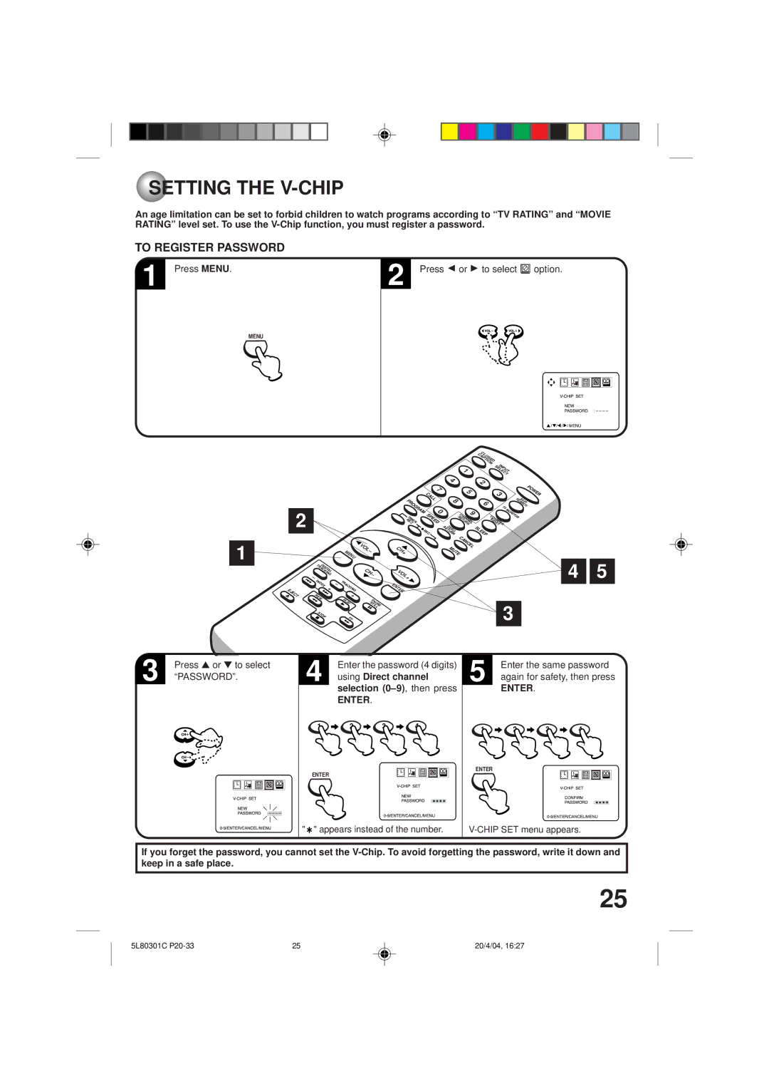 Toshiba MV13P3 owner manual Setting the V-CHIP, To Register Password, Enter the same password, Using Direct channel 