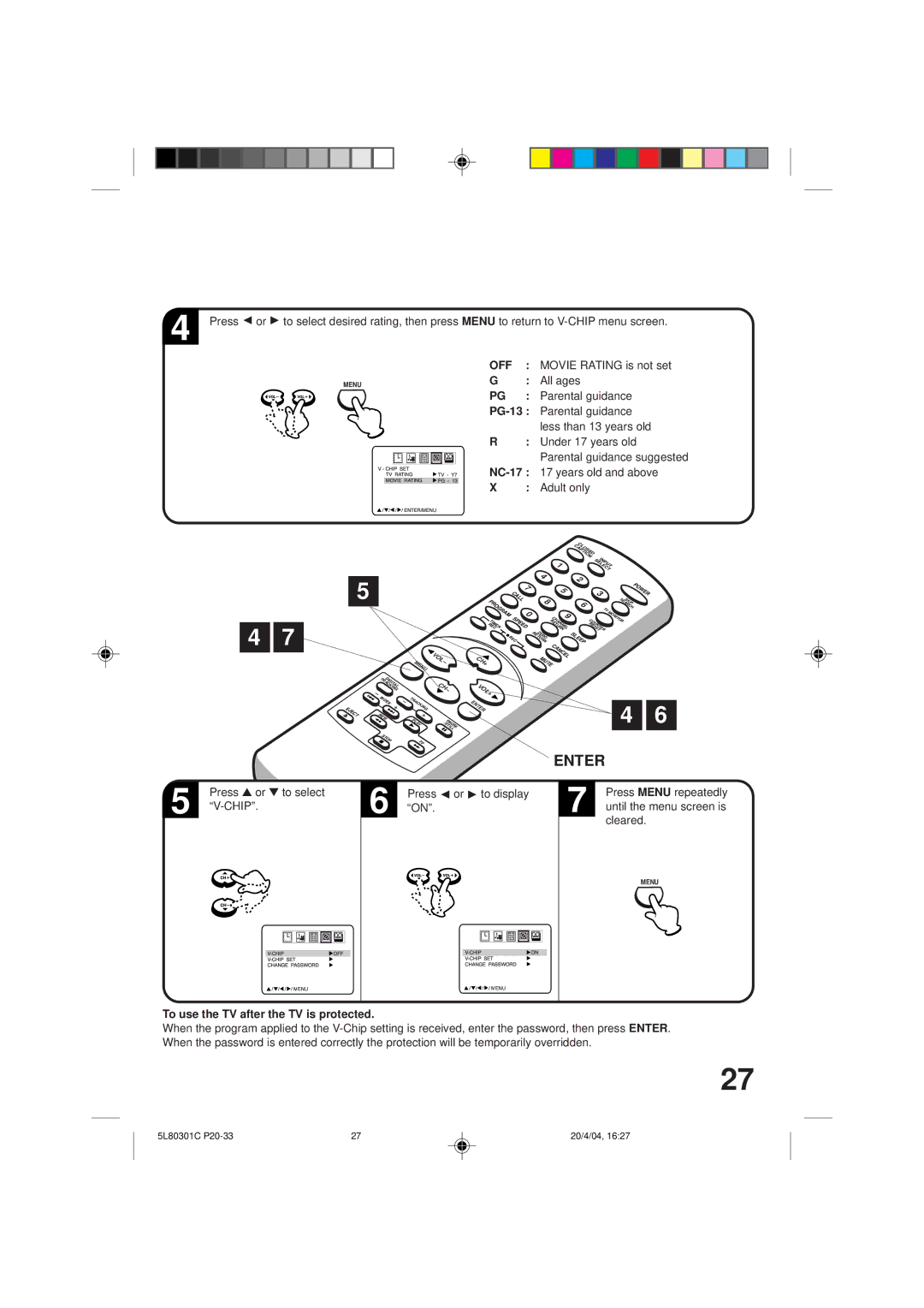 Toshiba MV13P3 owner manual Enter, To use the TV after the TV is protected 