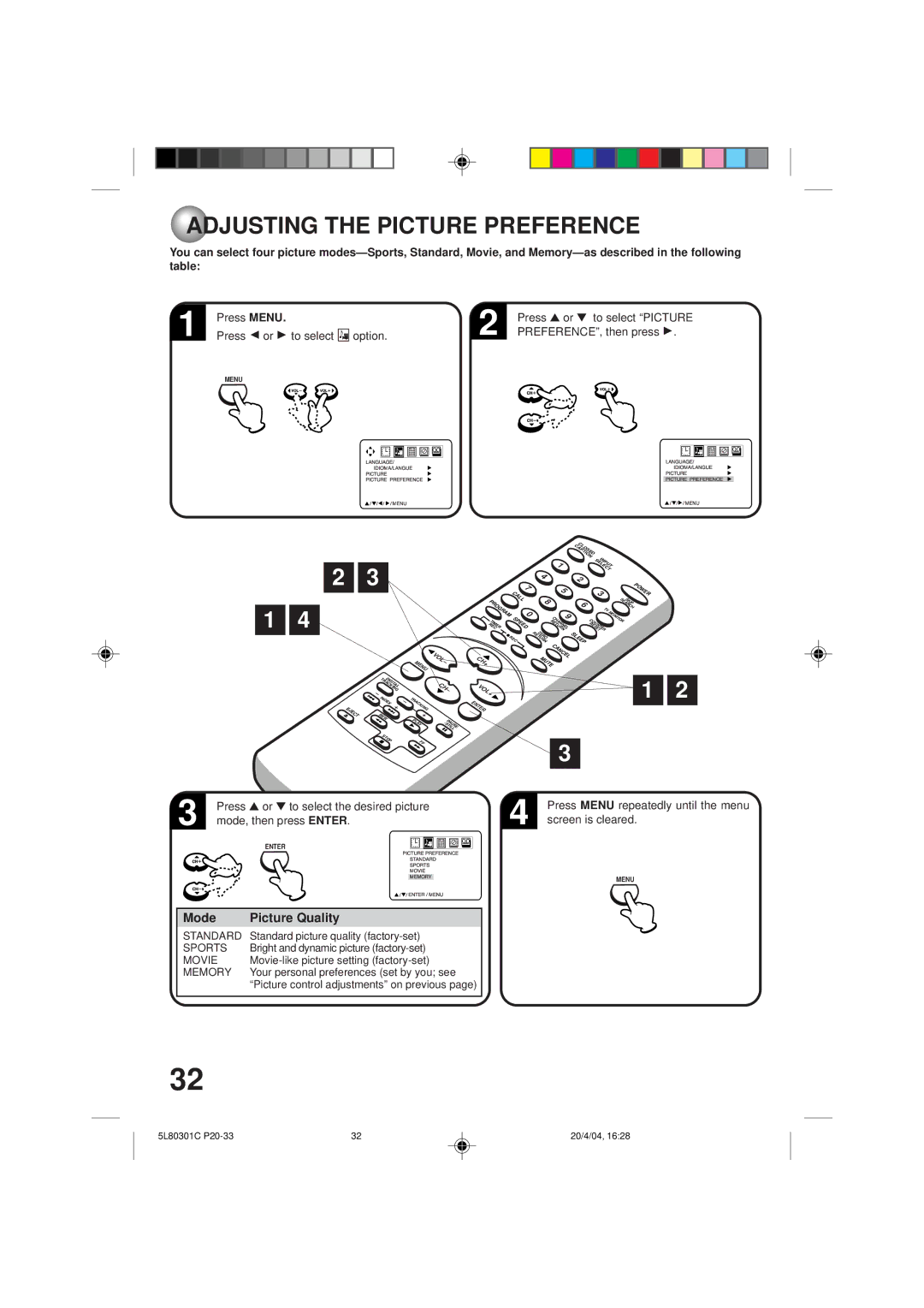 Toshiba MV13P3 owner manual Adjusting the Picture Preference, Mode Picture Quality, Press or to select the desired picture 