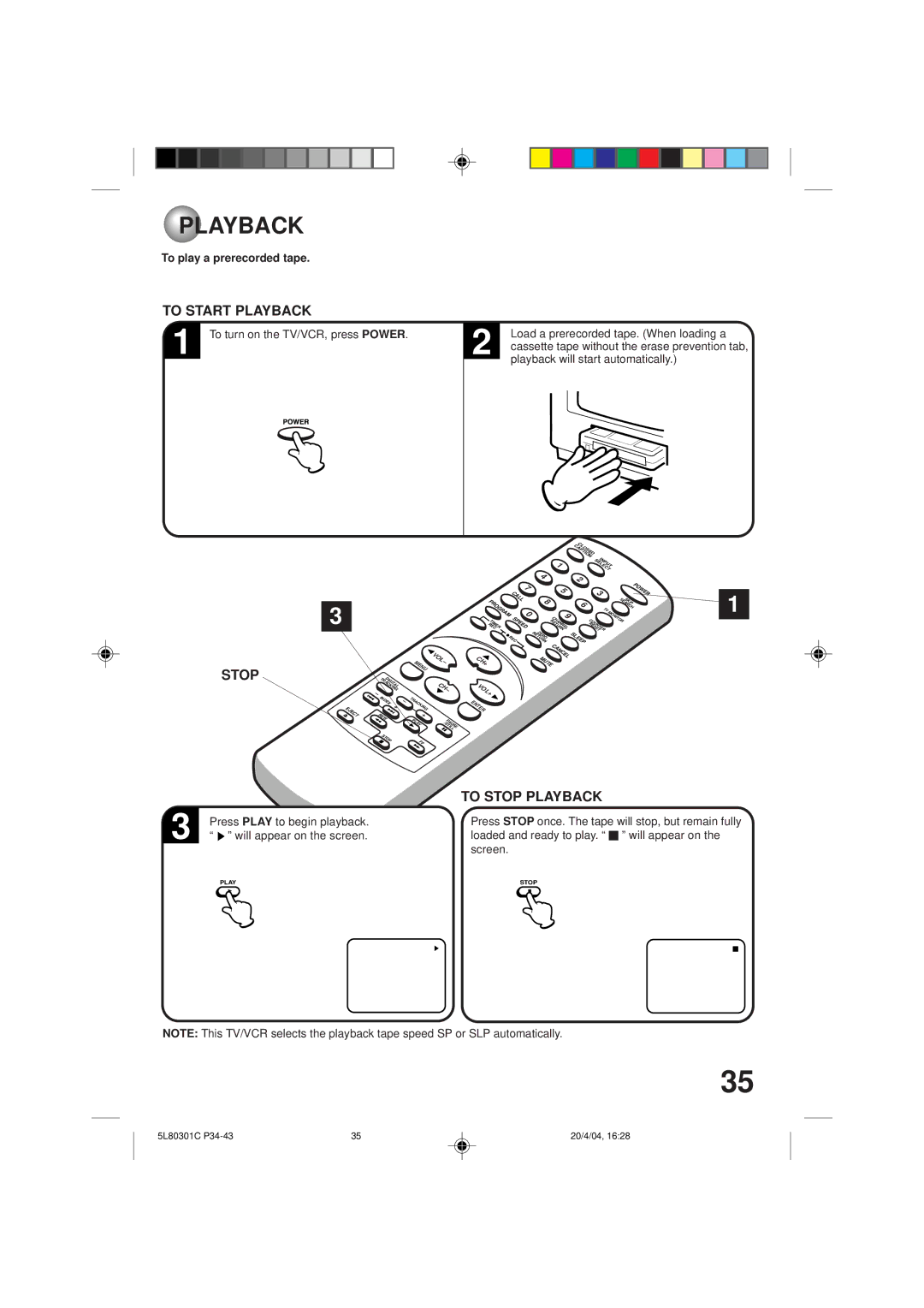 Toshiba MV13P3 owner manual To Start Playback, To Stop Playback, To play a prerecorded tape 