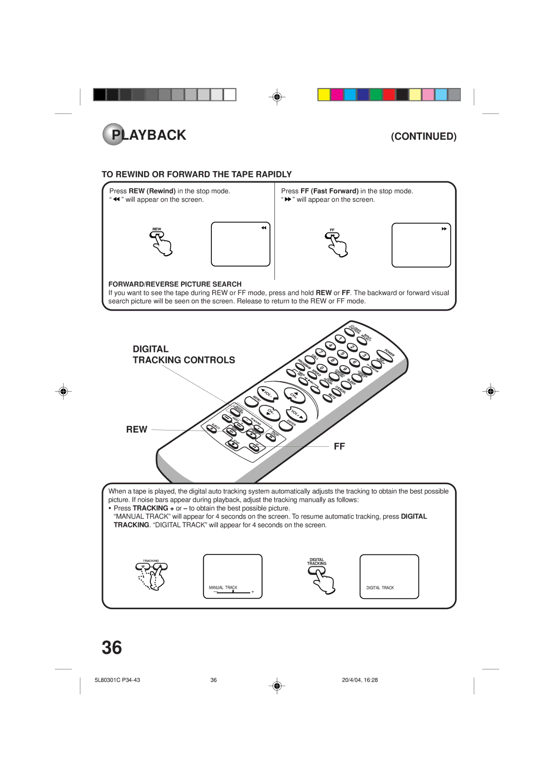 Toshiba MV13P3 Digital Tracking Controls, To Rewind or Forward the Tape Rapidly, FORWARD/REVERSE Picture Search 