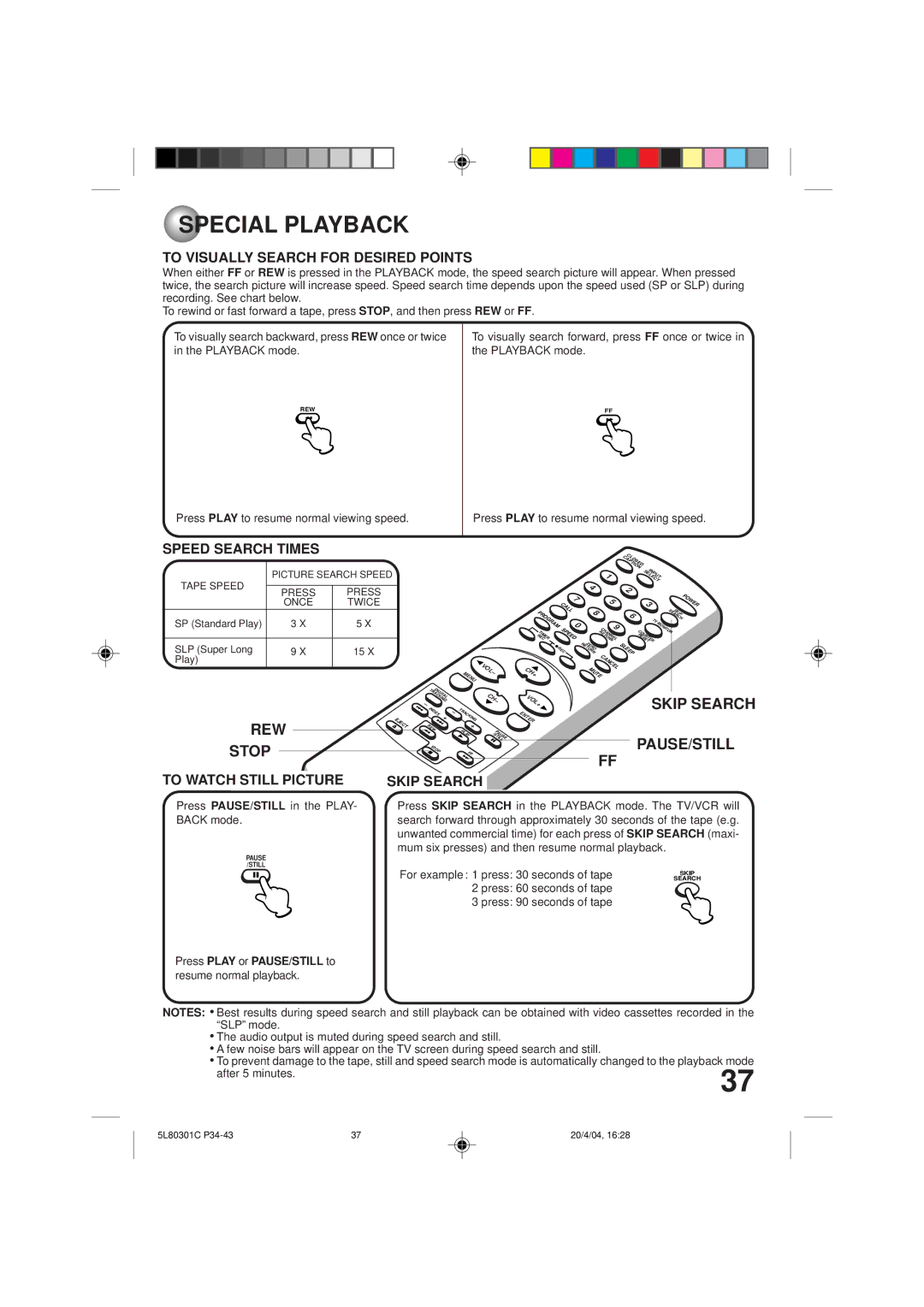 Toshiba MV13P3 owner manual Special Playback, Stop, Skip Search, Pause/Still 